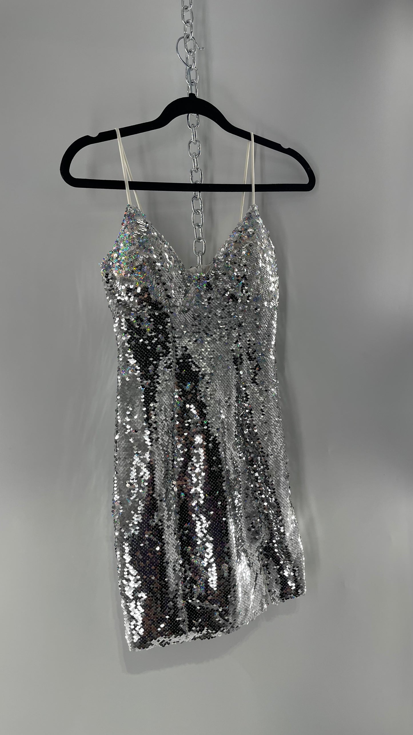 Princess Polly Silver Iridescent Sequin Mini Dress with Triangle Cups and Thigh Slit (0)