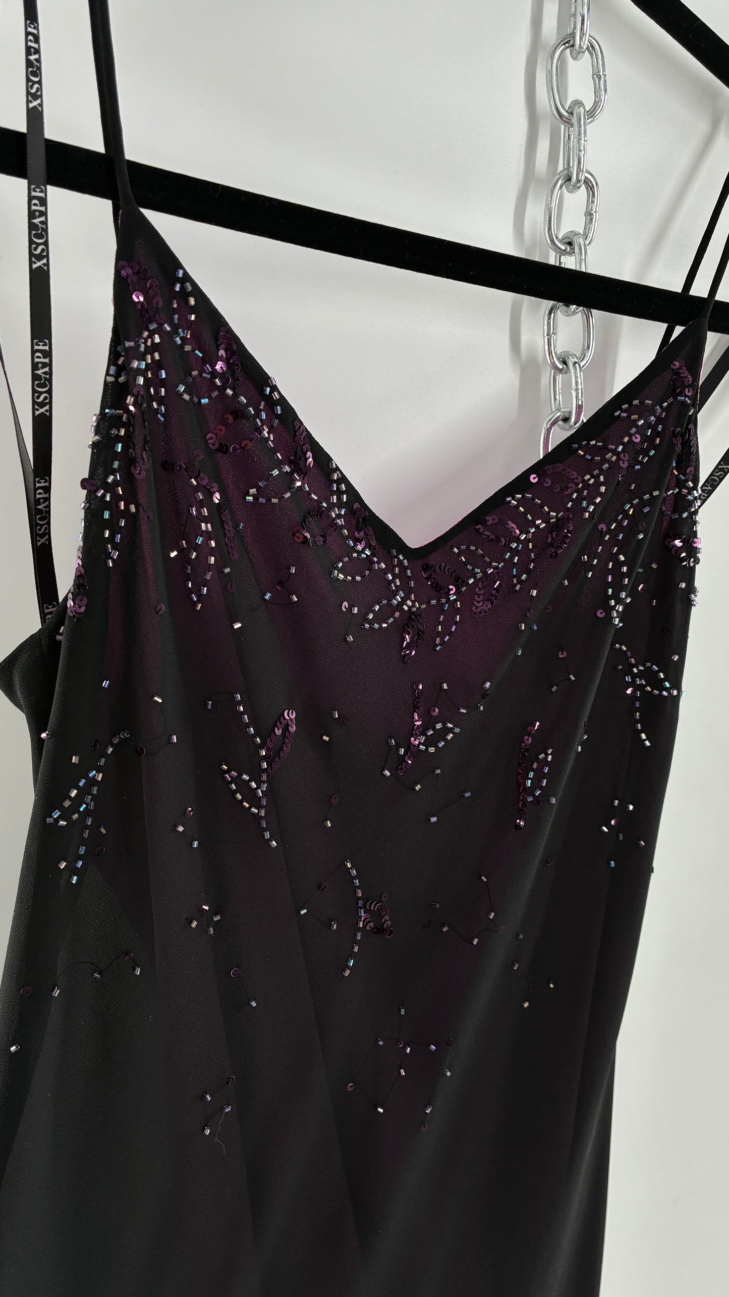 Vintage XSCAPE Full Length Black Beaded Gown with Purple Underlay (4)