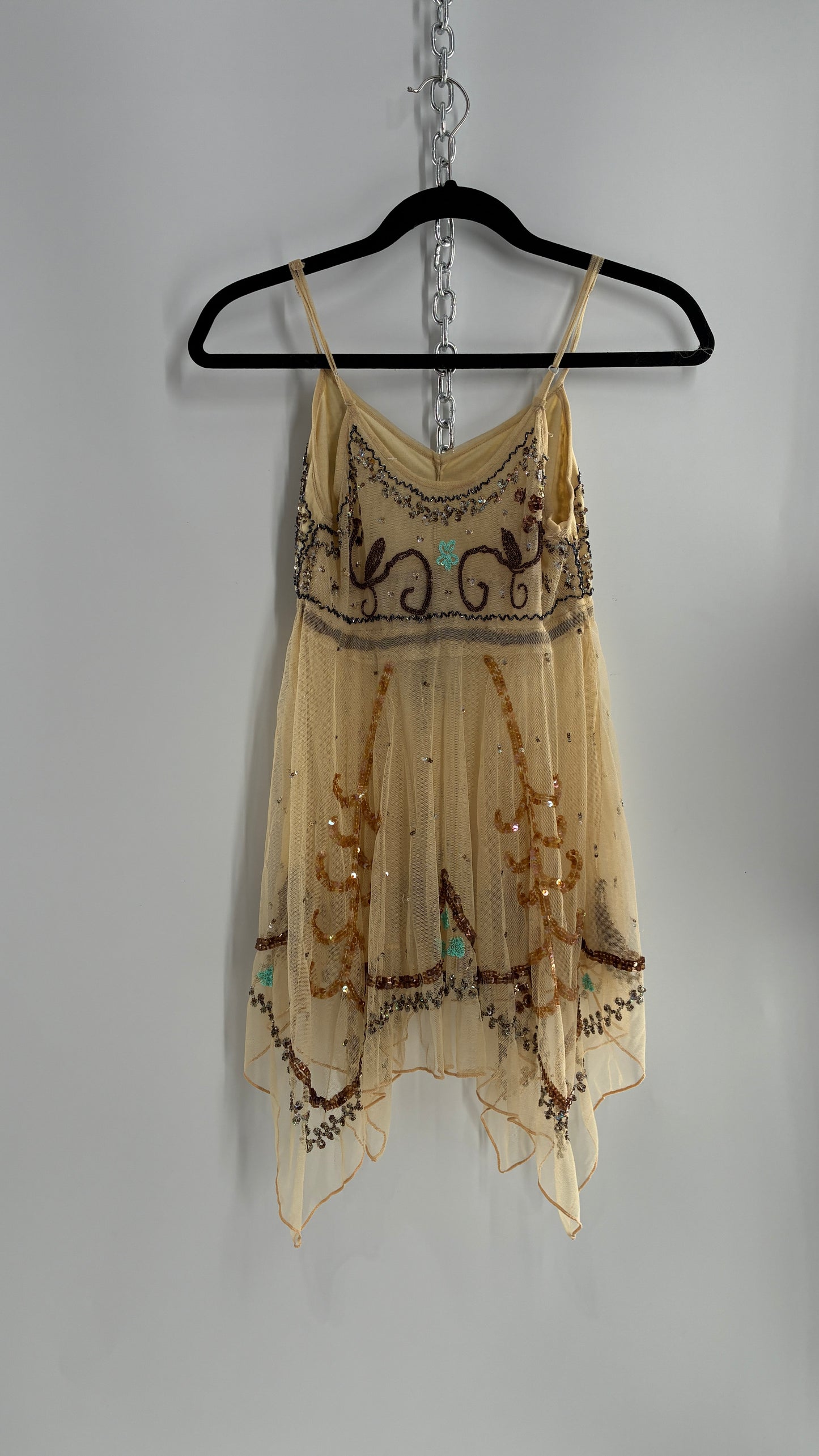 Handmade Beige Handkerchief Camisole with Hand Beaded Details (XS)