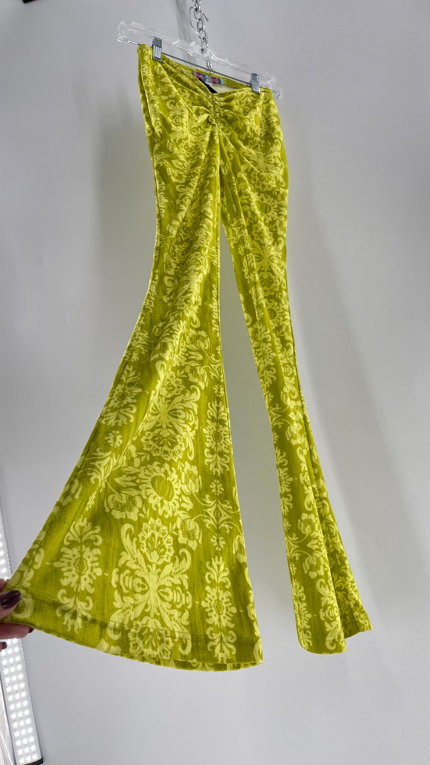 Urban Outfitters Chartreuse Green/Yellow Velvet Lace Patterned Flares with Scrunch Front  (XS)