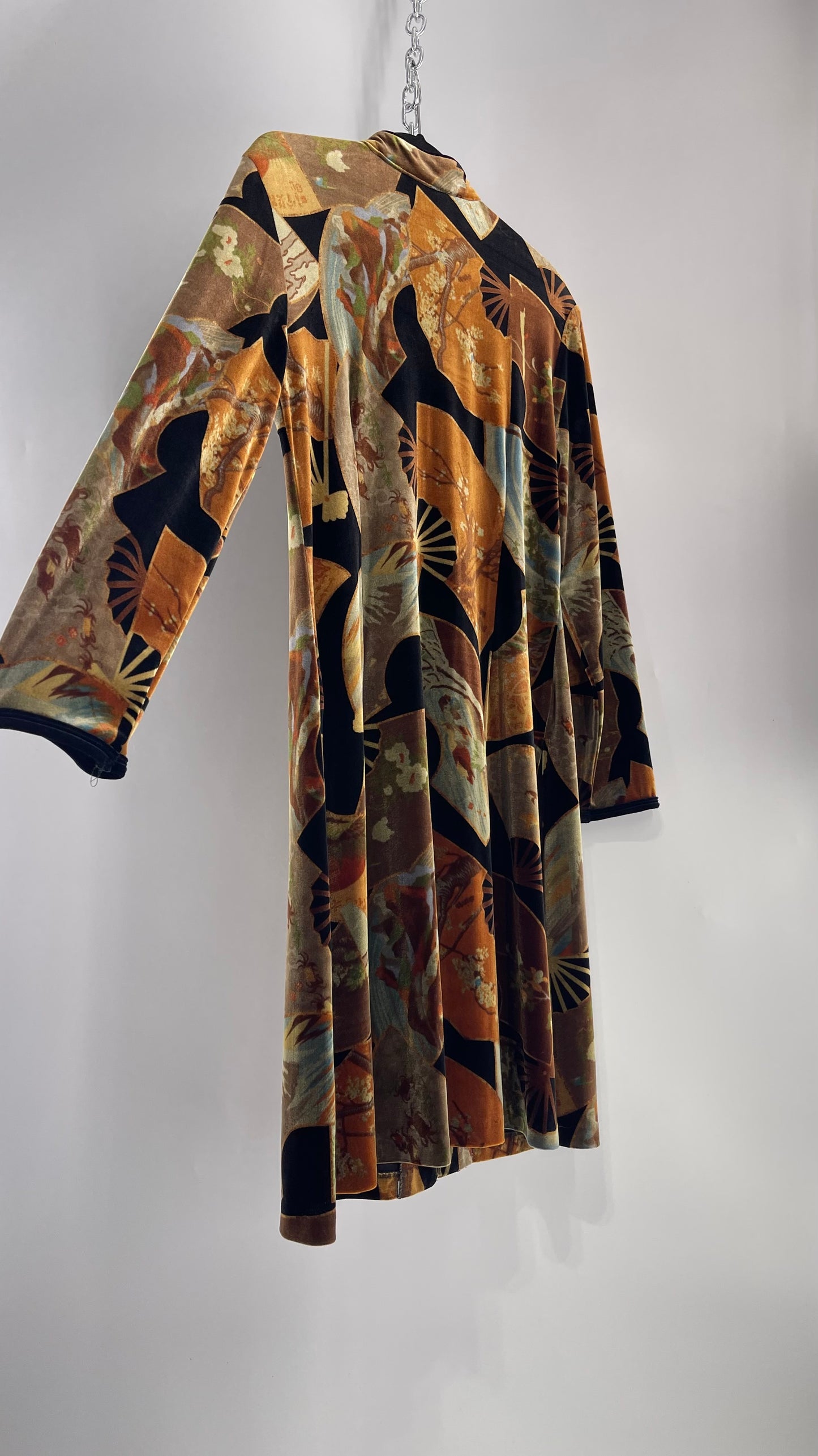 Vintage CLIO 1990s Black Velvet/Velour Fan Patterned Duster Coat (Medium)