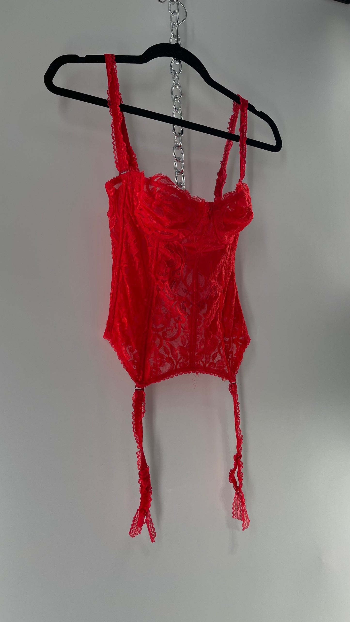 90s Vintage Red Lace Corset with Ruffled Sleeves and Removable Garter Straps (32B)