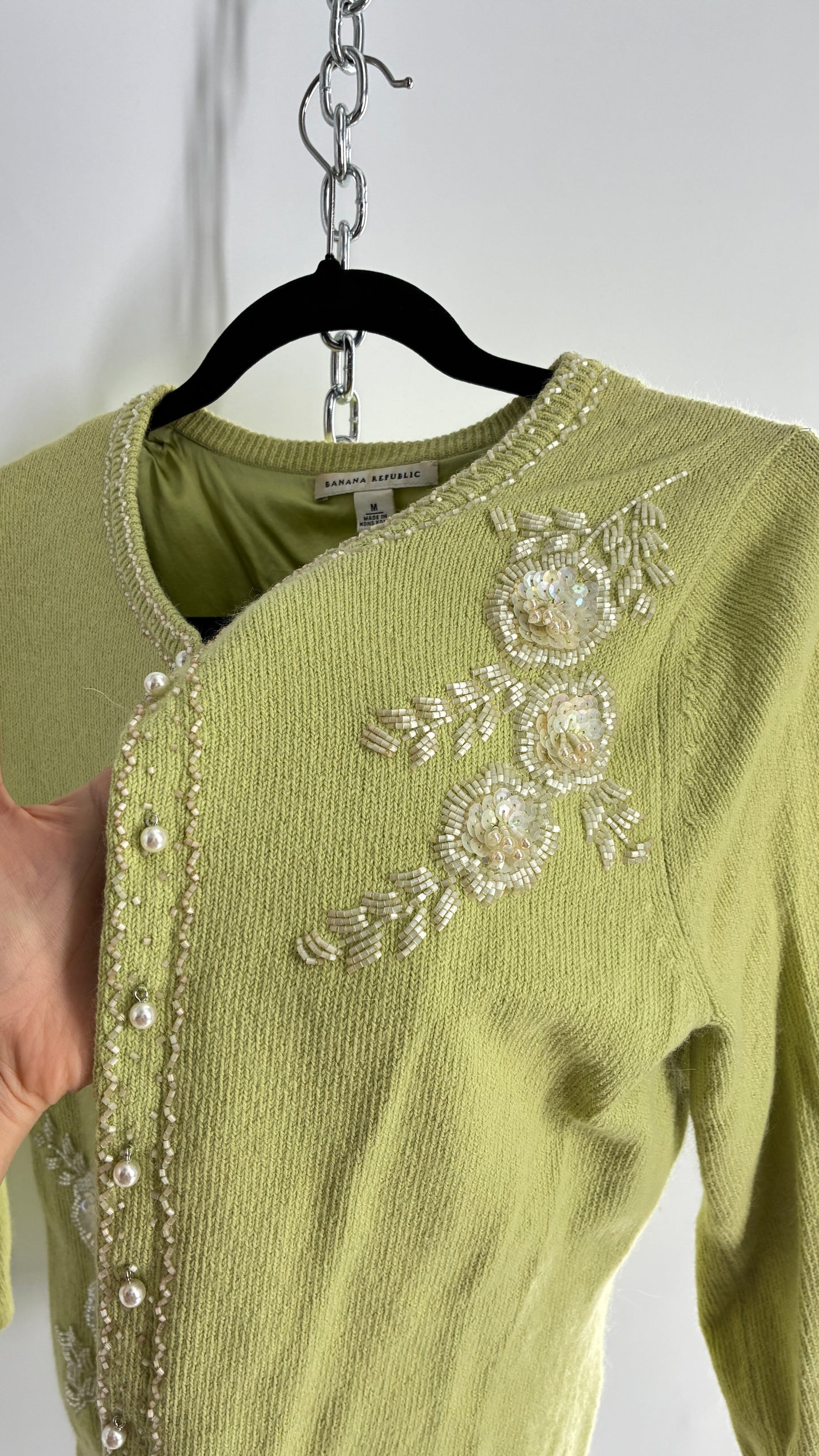 Vintage Banana Republic Bedazzled, Beaded Lime Green Cardigan and Knit Tank Set (Medium)