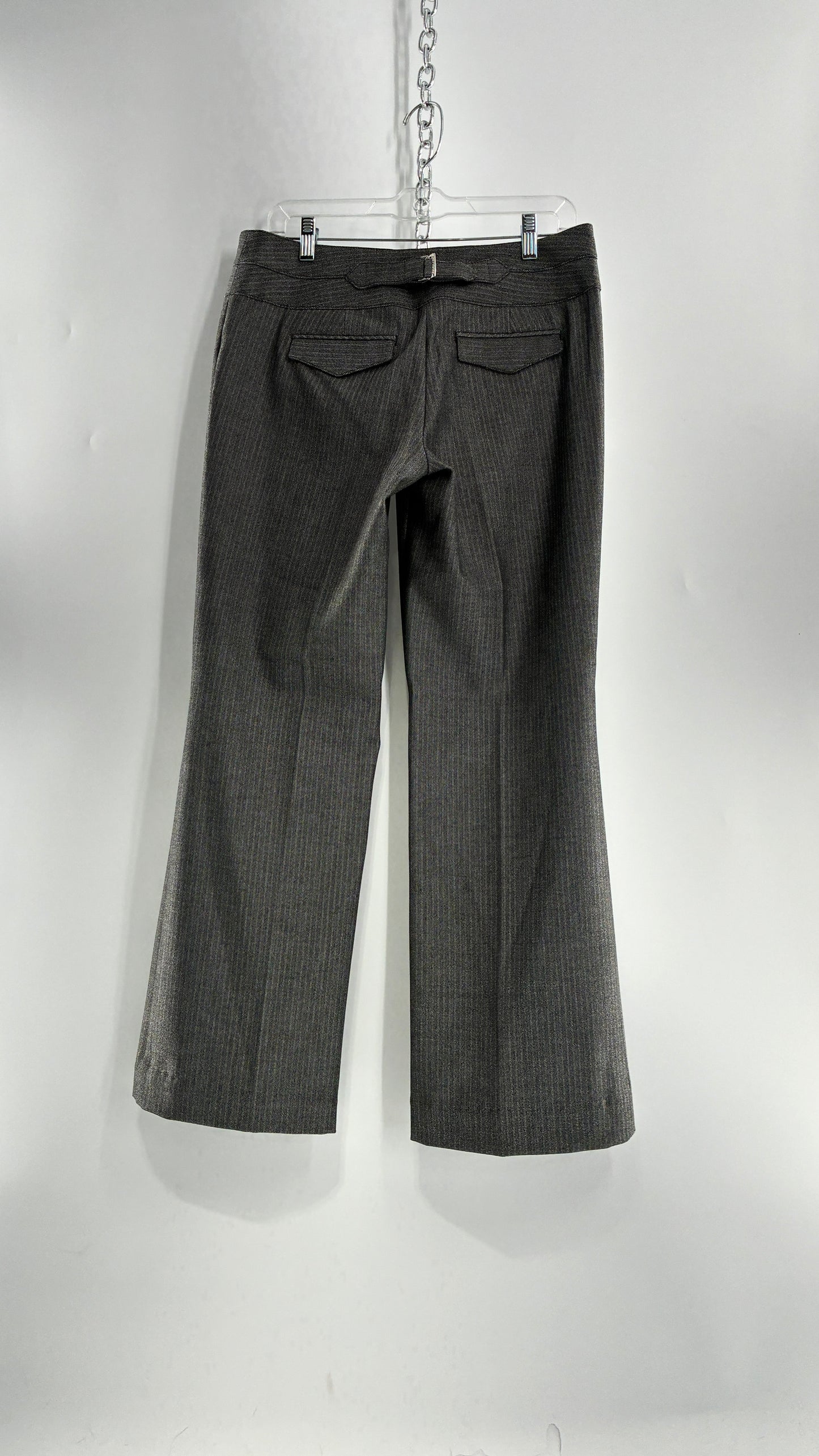 Vintage 1990s EXPRESS Editor Dark Grey Pinstripe Ultra Low Rise Thick Hip Band Kick Flares (6R)