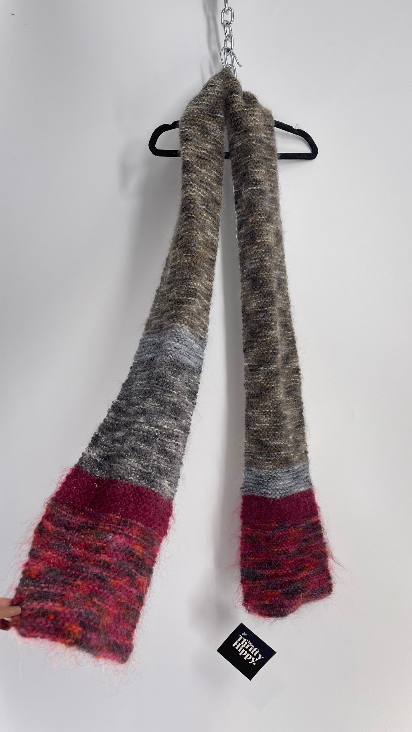 Vintage Hand Knit Grey Fuchsia Skinny Scarf