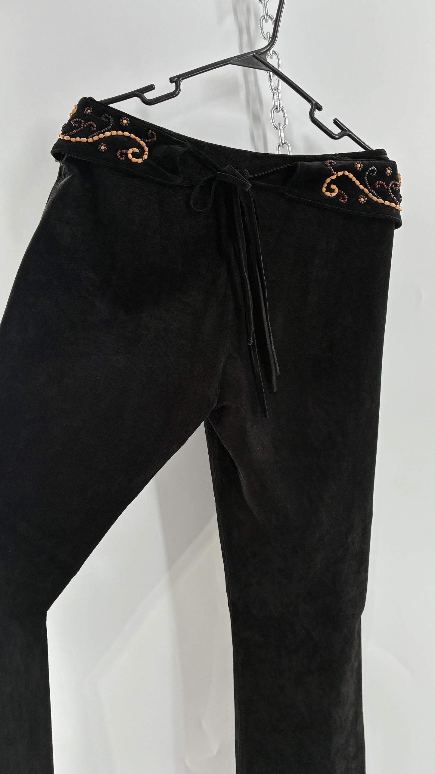 Vintage Margaret Godfrey Black Genuine Suede Leather Kick Flares with Wide Beaded Belt (10)