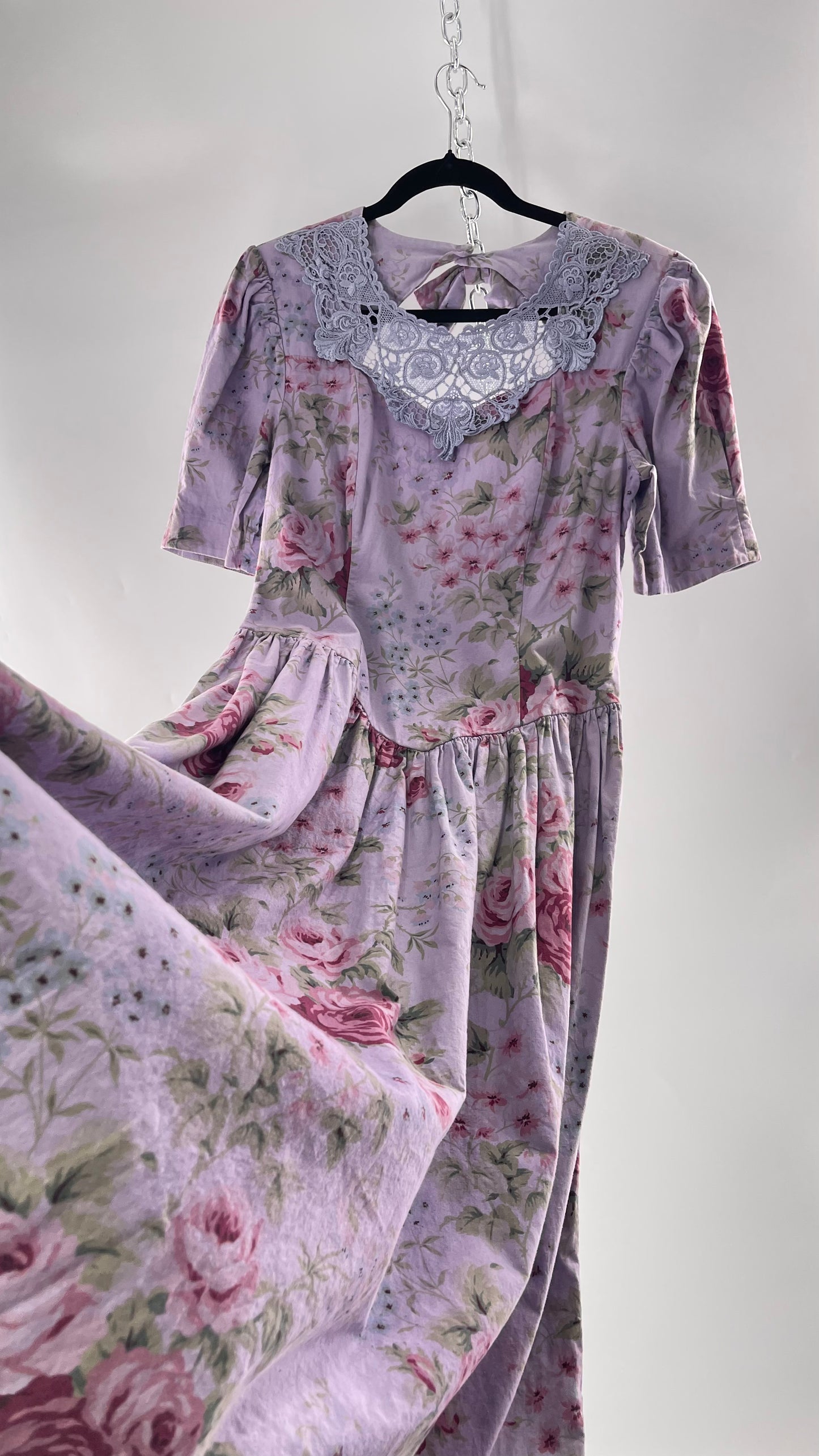 Vintage Urban Renewal Reworked and Upcycled Misty Lane Lilac/Lavender Floral Fit/Flare Dress with Sweetheart Neckline, Lace Detail and Bow Adorned Open Back (11/12)