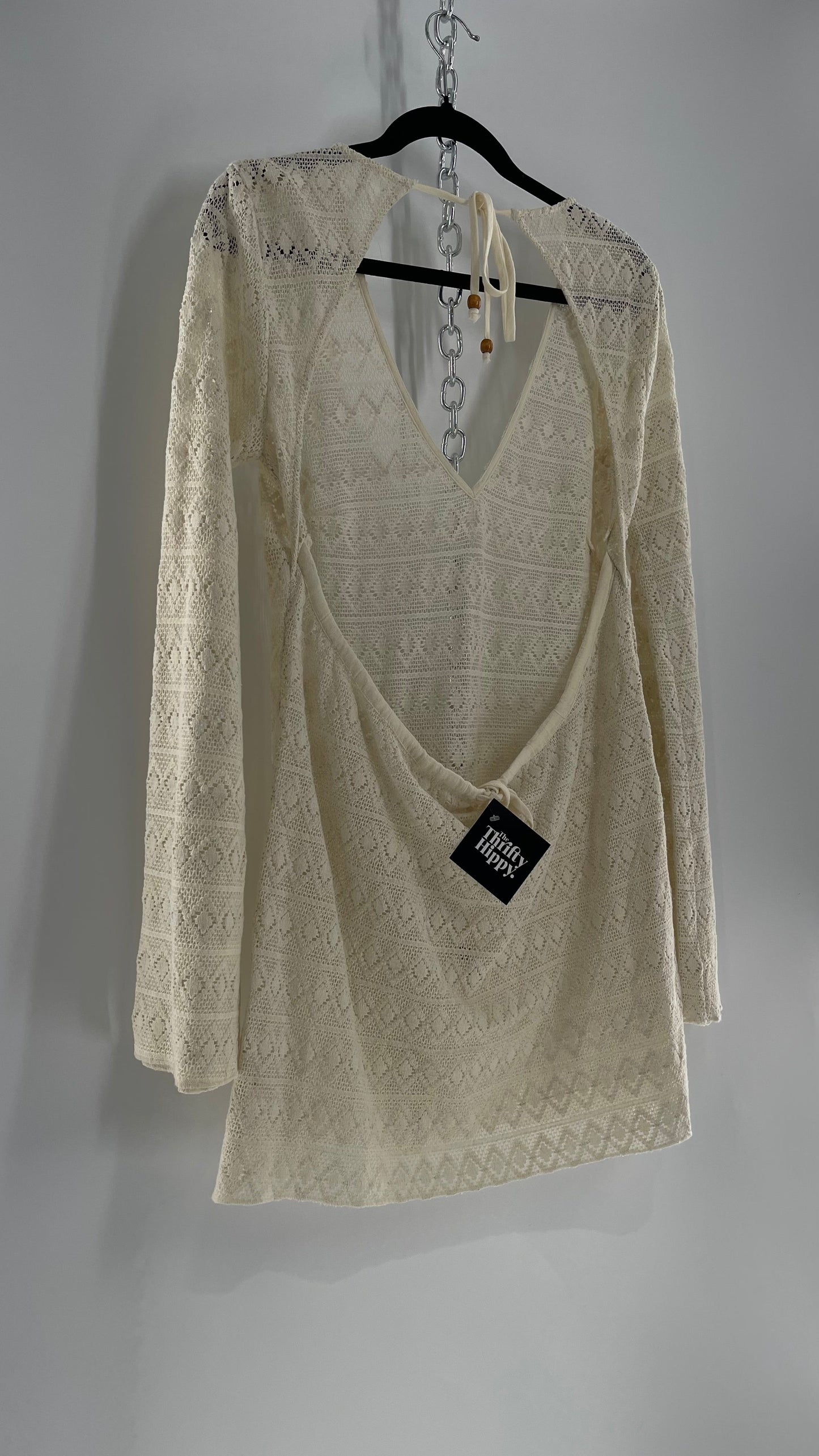Free People Gauze Lace Open Back Mini Dress with Bell Sleeves (S)