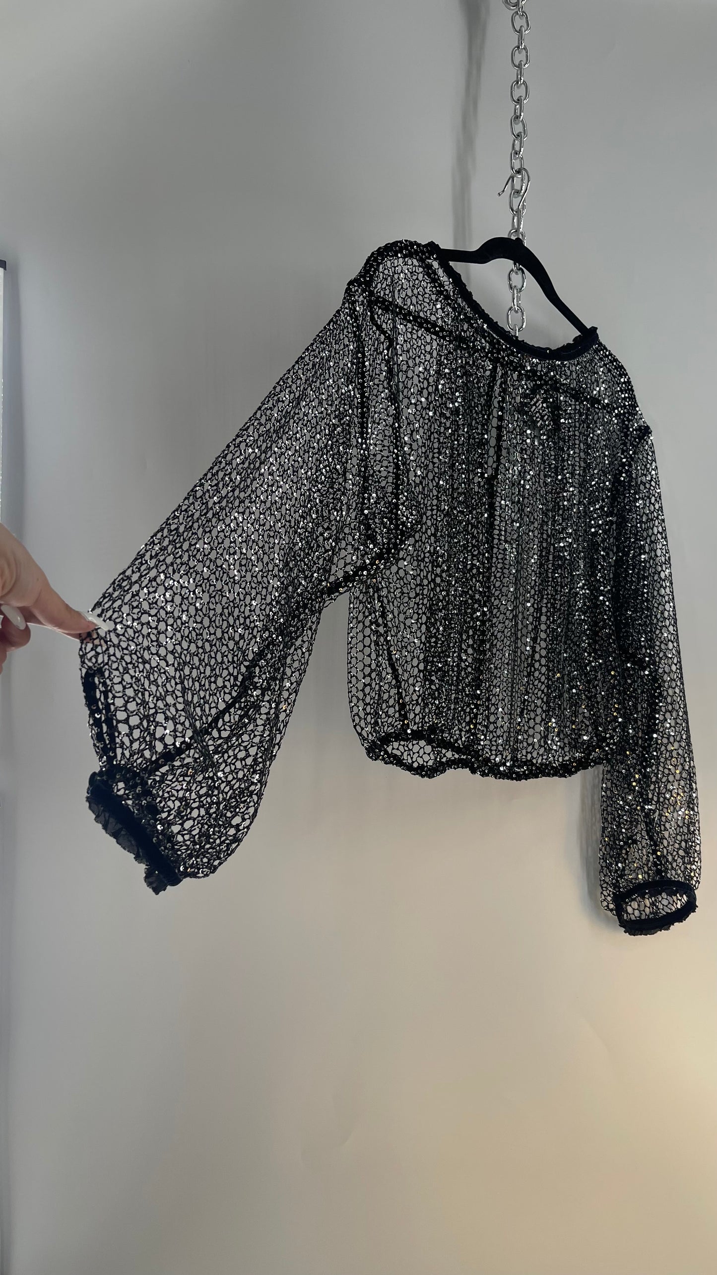 Free People Disco Black Mesh Blouse with Velvet Ribbon Trim (S/M)