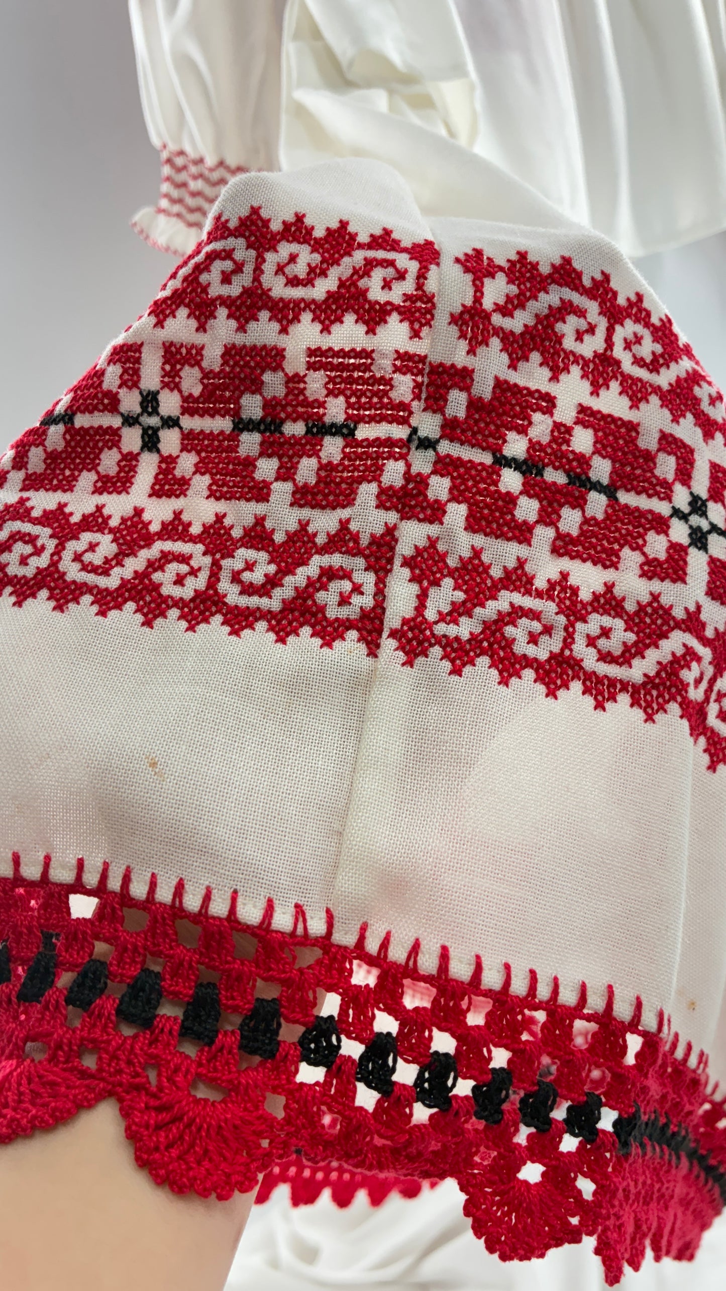 Vintage 1970s LUX FOLKLOR Budapest Handmade Cotton Long Sleeve and Skirt Covered in Red Embroidery and Stitching