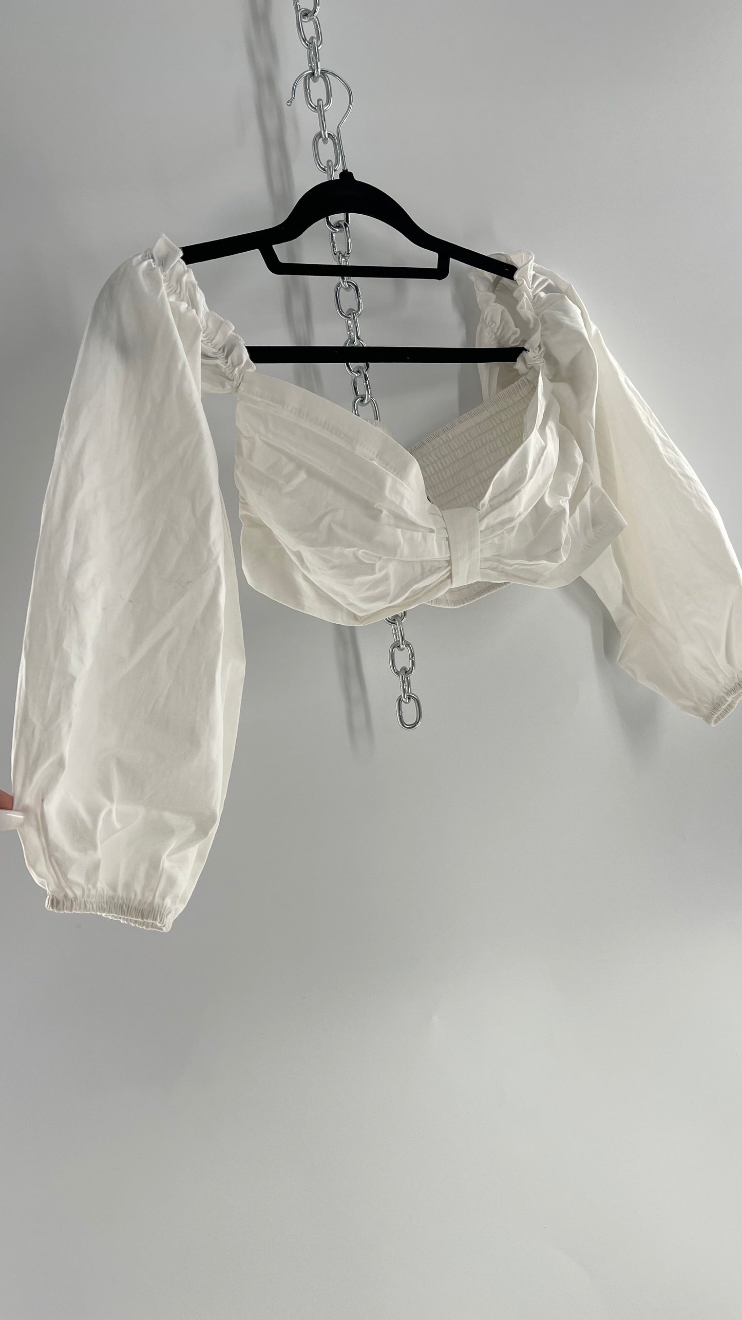 Long Sleeve White Bandeau Top with Balloon Sleeves Apparently Size M
