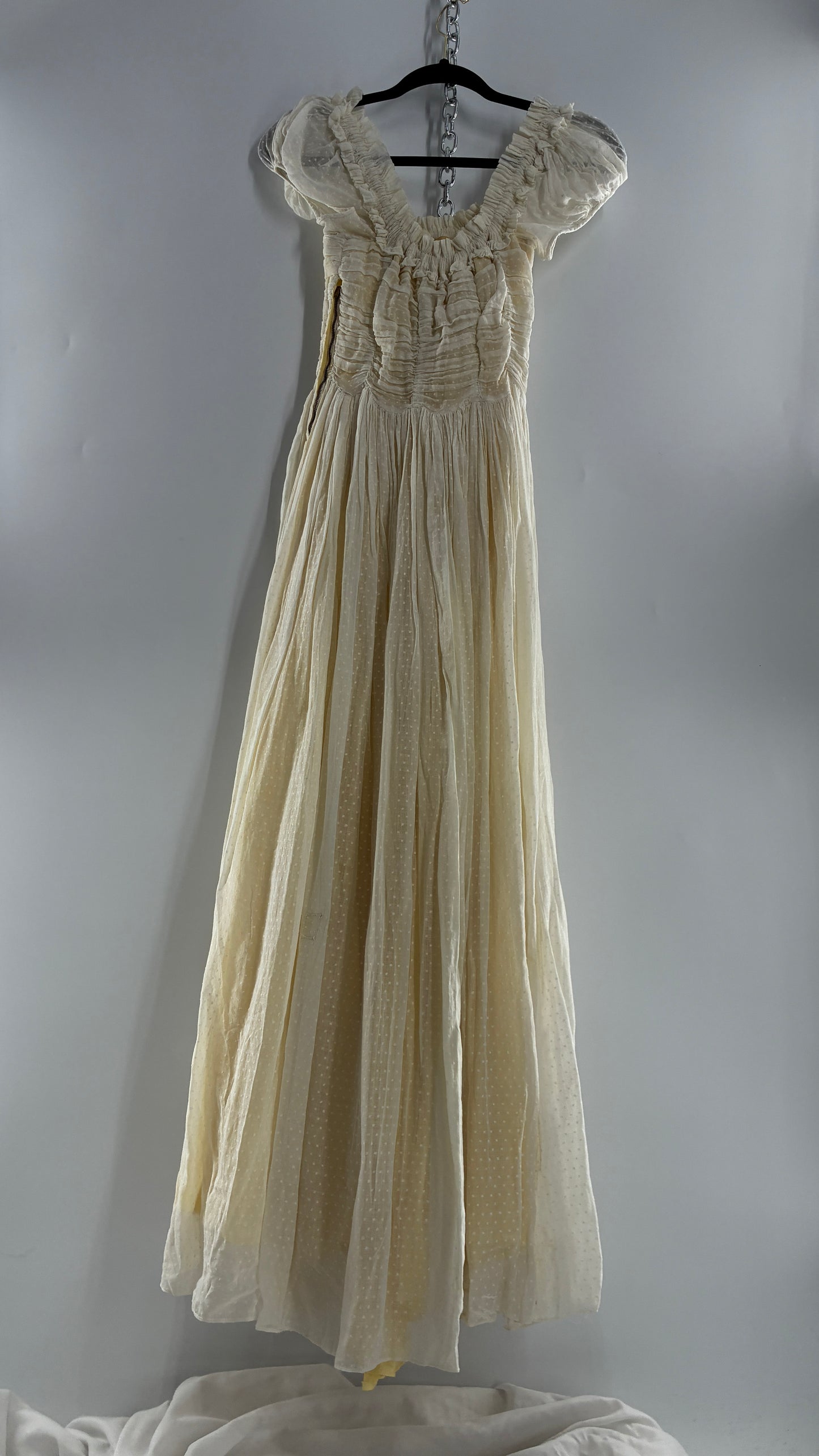 Vintage 1970s Off White Cotton Handmade Maxi Dress with Ruched Bodice, Puff Sleeves, and Polka Dot Texture (XS/S)