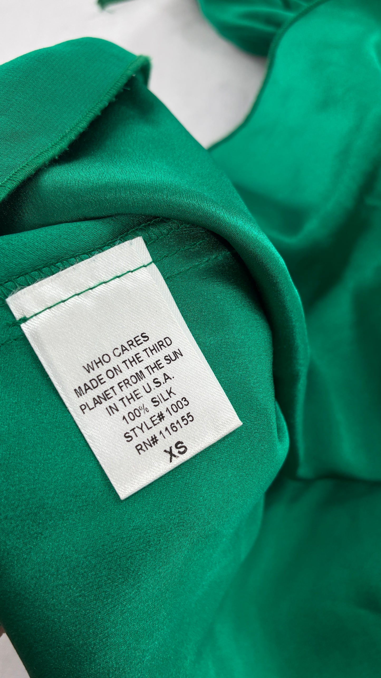 Vintage “Who Cares Made on the Third Panet from the Sun” 100% Silk Green Camisole Blouse (XS)