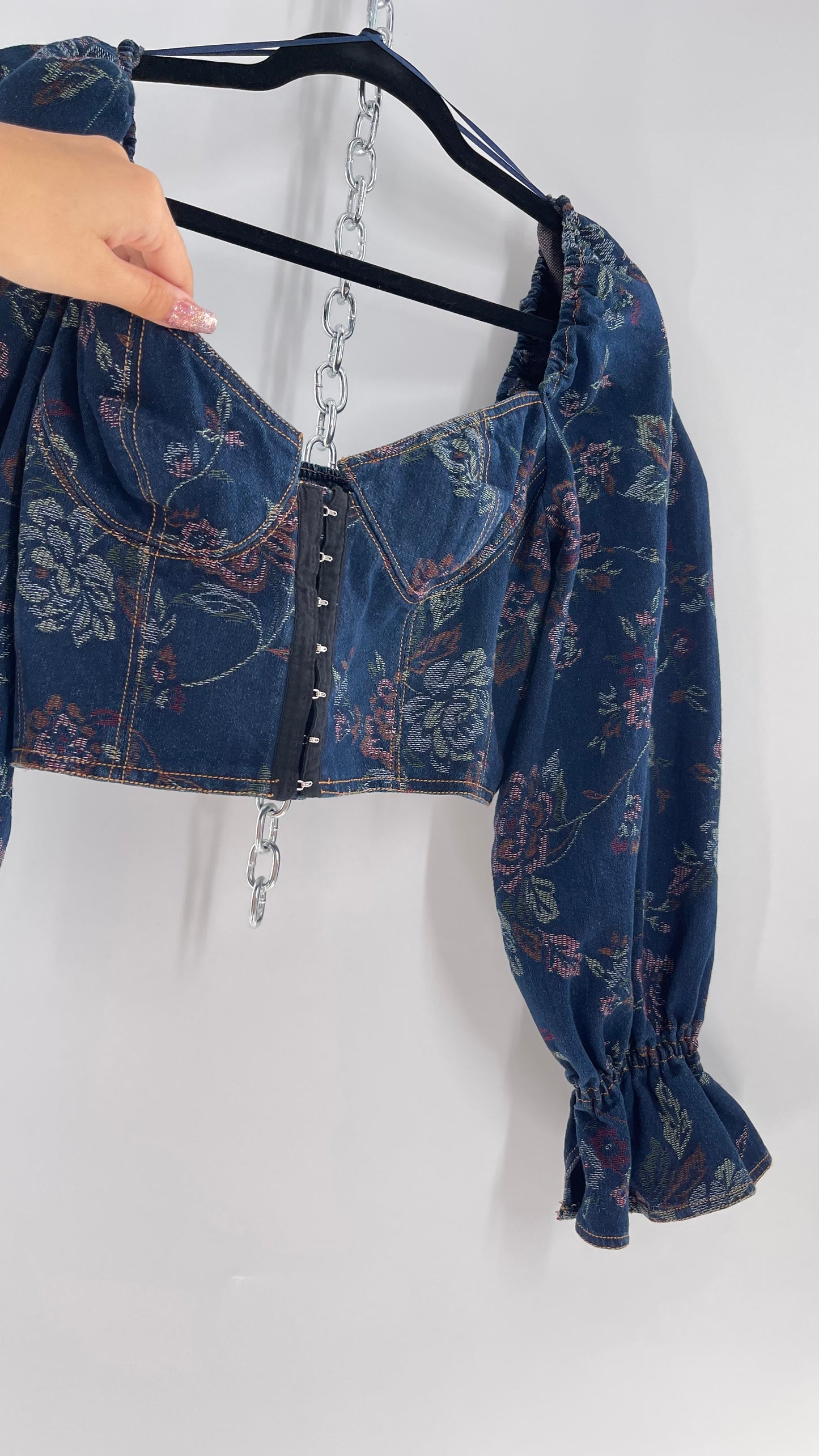 Urban Outfitters Denim Cropped Corset Grommet Balloon Sleeve Blouse (Large)