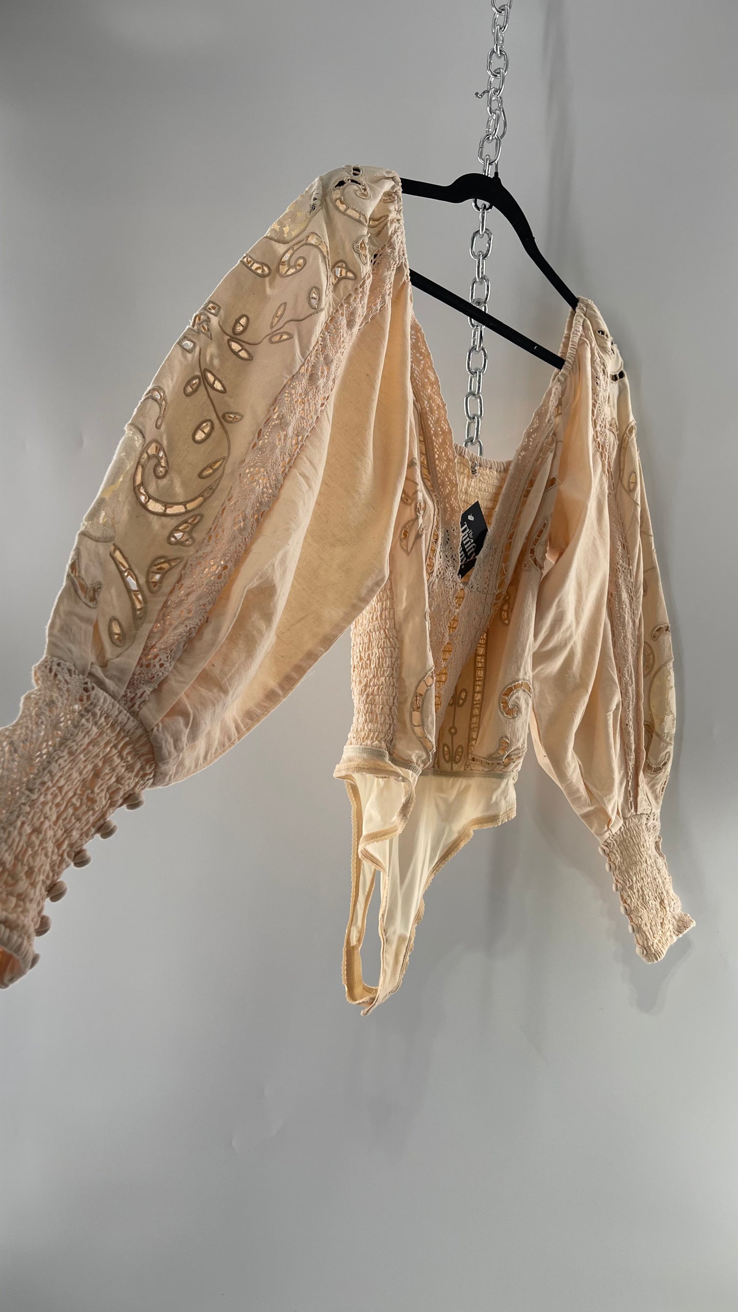 Free People Off White Cotton Bodysuit with Embroidered Lace Balloon Bishop Sleeve and Smocked, Buttoned Cuffs (Large)