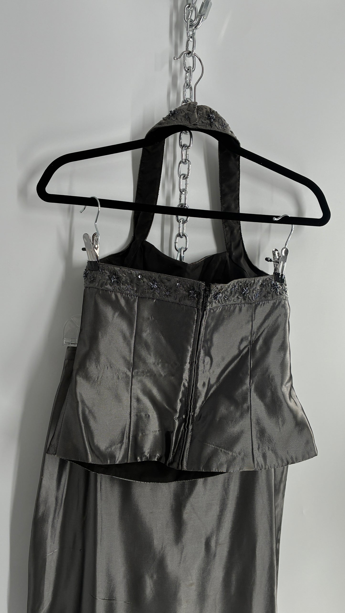Vintage 1990s Davids Bridal SET Metallic Silver Corseted + Beaded Halter and Full Length Skirt (6Top, 8Skirt)
