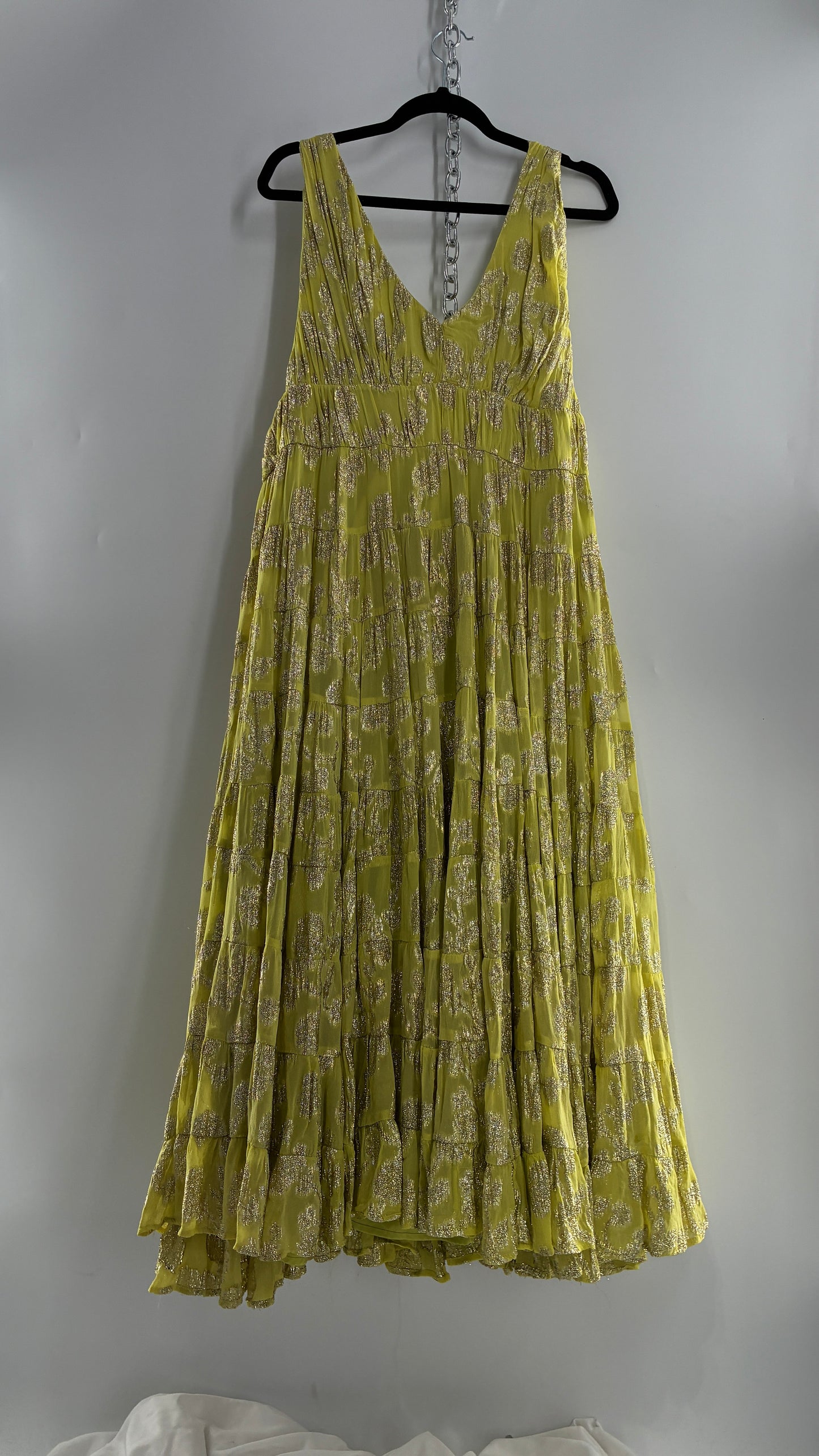 LET ME BE Lime Yellow/Green Ultra Voluminous Tiered Dress with Gold Metallic Jacquard Appliqué Pattern (XL)