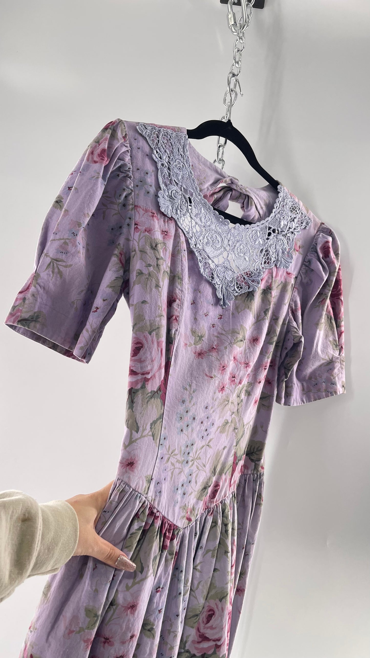 Vintage Urban Renewal Reworked and Upcycled Misty Lane Lilac/Lavender Floral Fit/Flare Dress with Sweetheart Neckline, Lace Detail and Bow Adorned Open Back (11/12)