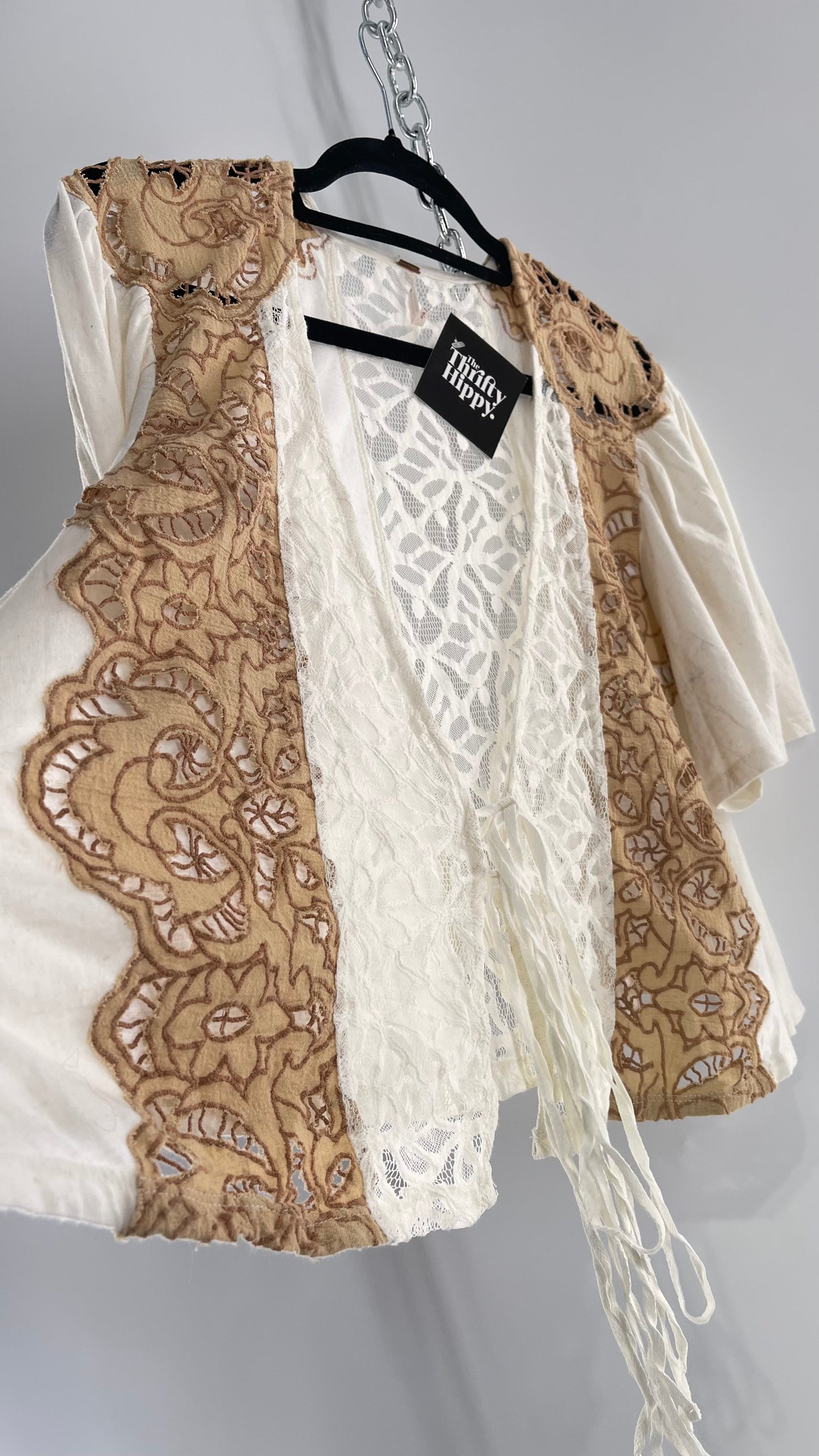Free People Off White Woven Tie Front/Tie Around Too with Brown Eyelet Lace (Small)