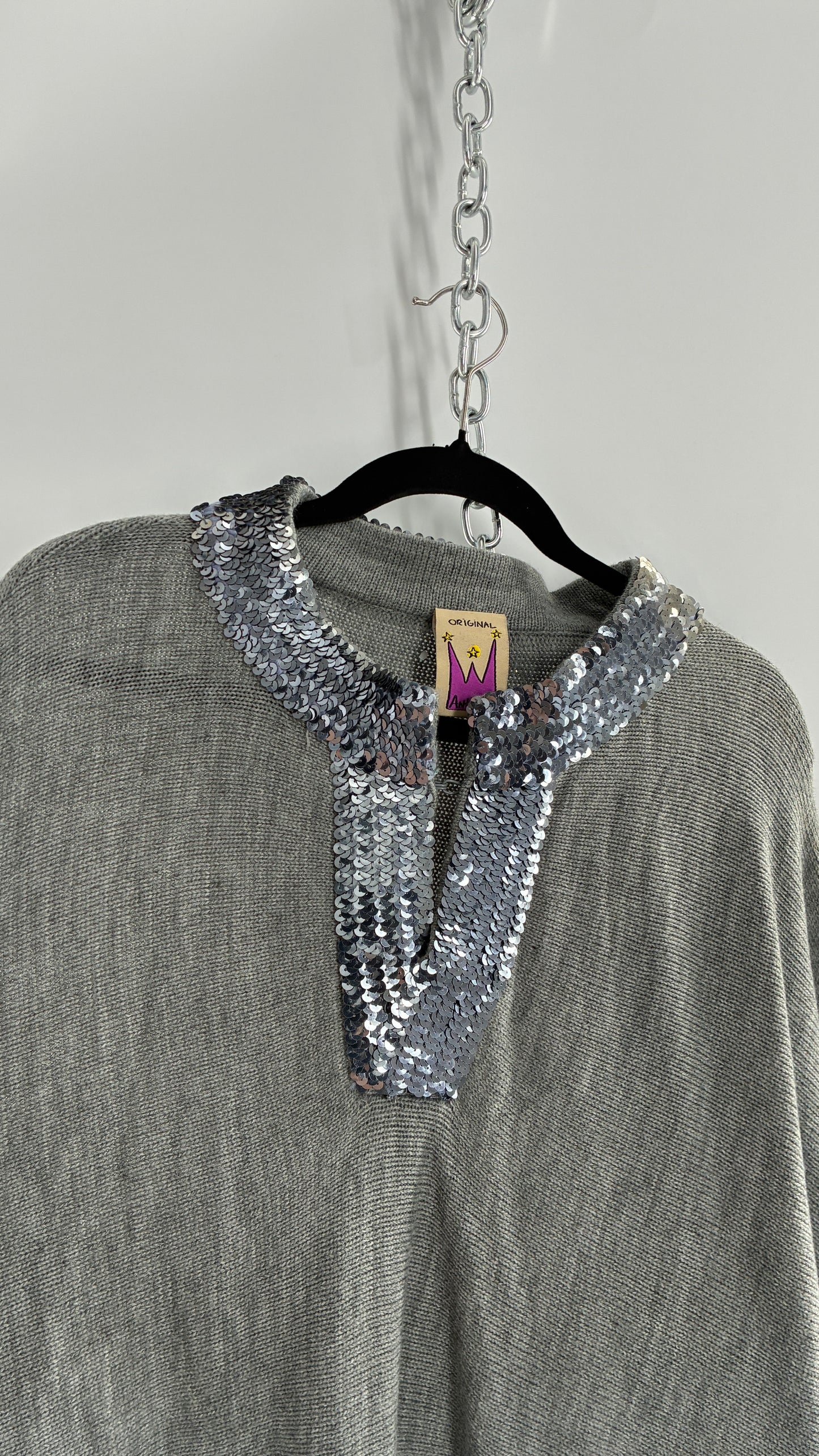 Vintage Original Anthony Gray Knit Poncho with Sequin Neckline and Sleeve Detail (Women’s Petite)