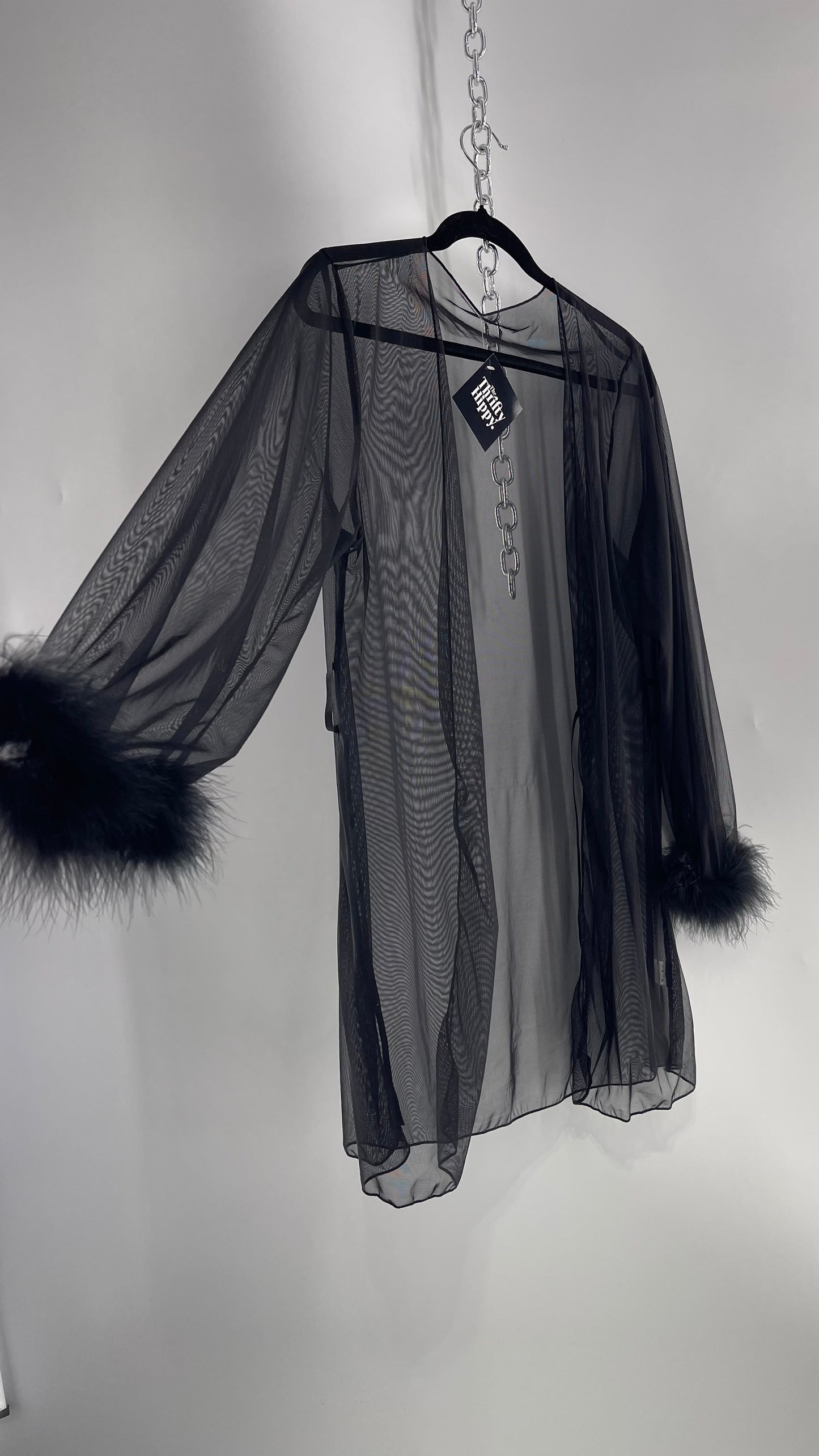 Black Mesh Long Sleeve Toss On with Feather Cuffs (Medium)