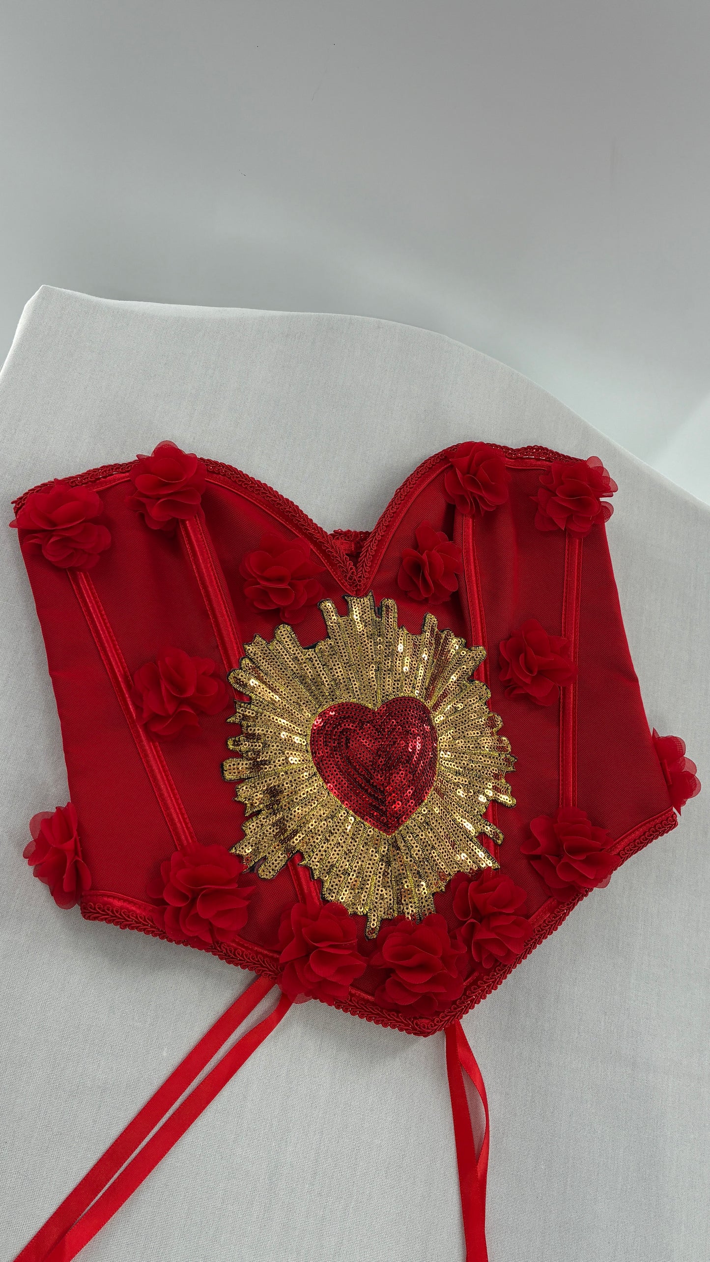 Red Handmade Corset with Rosette Appliqués and Sequin Heart Design (Small)