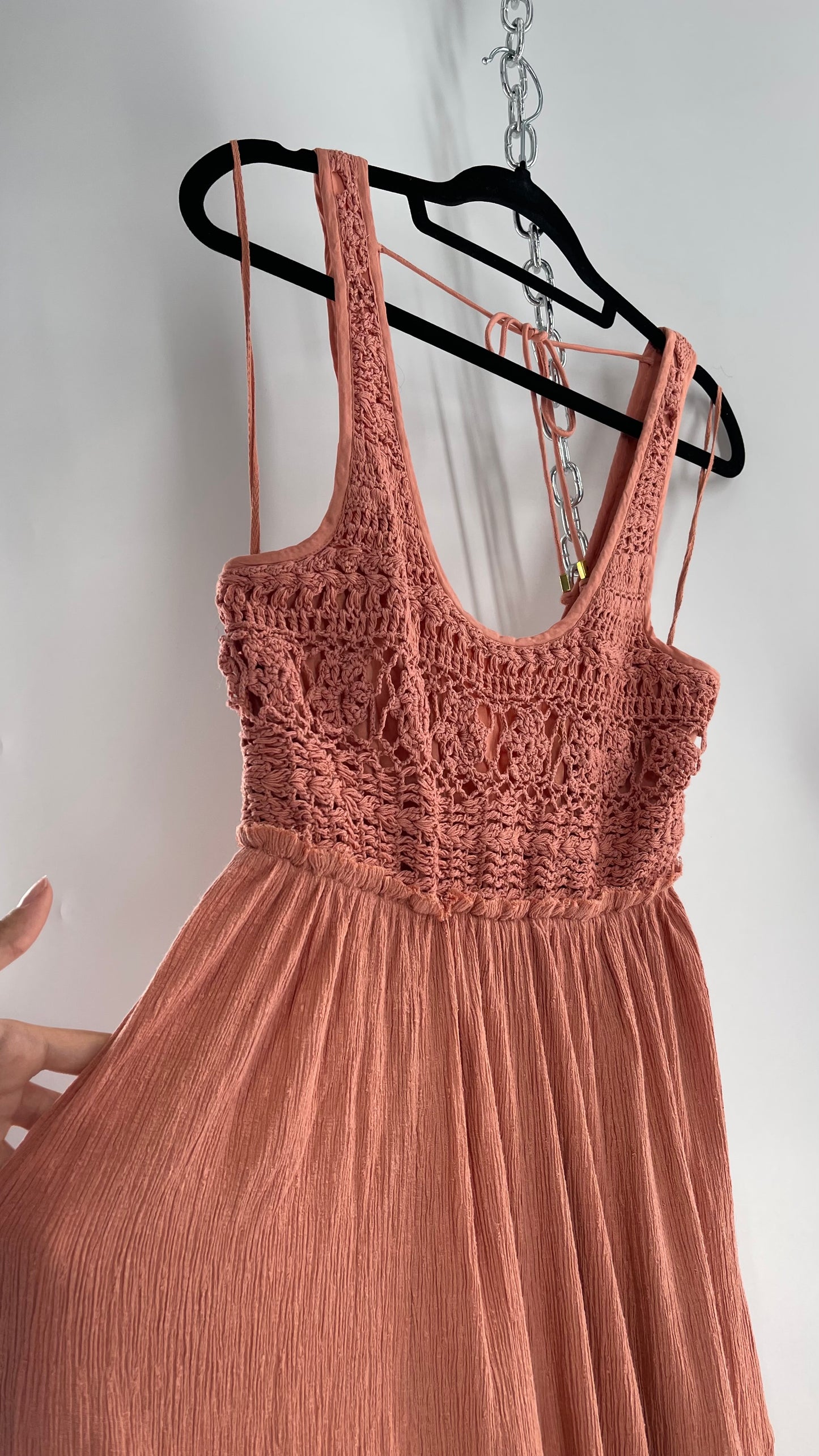 Free People Rose/Peach Pink Wide Leg Jumpsuit with Crochet Bust and Tags Attached (XS)
