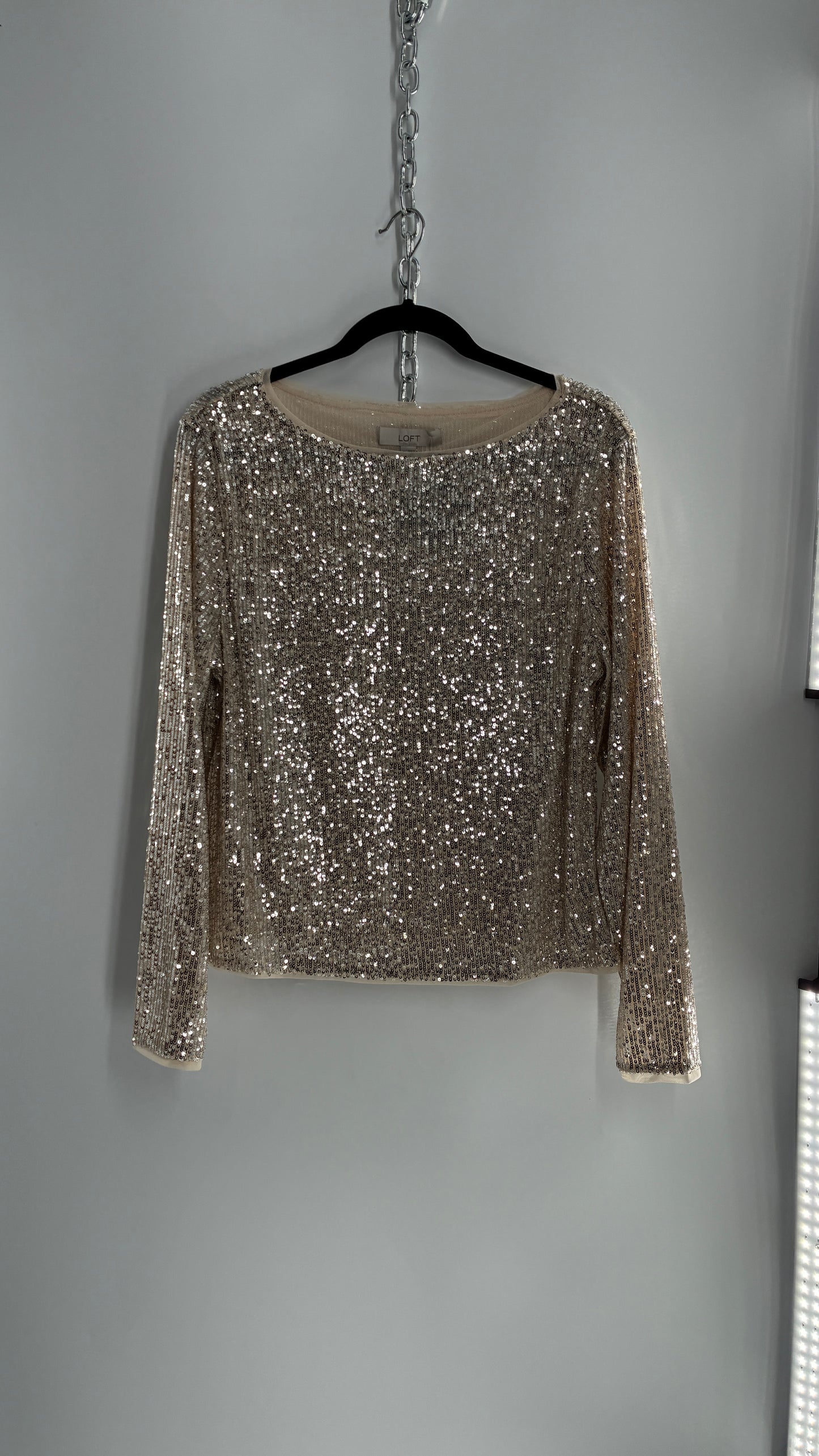 LOFT LOFT Champagne Sequin Long Sleeve Blouse with Tags Attached (XL)
