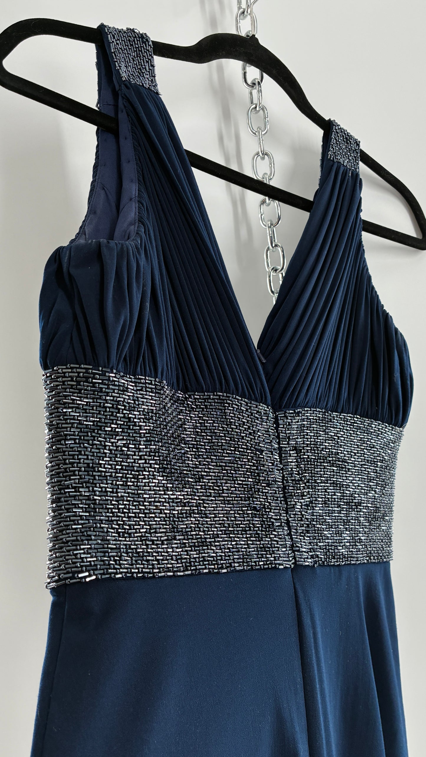 Vintage JS Boutique 1990s Navy Blue Chopped Handkerchief Hem, Beaded Underbust Panel and Pleated Bust (6)