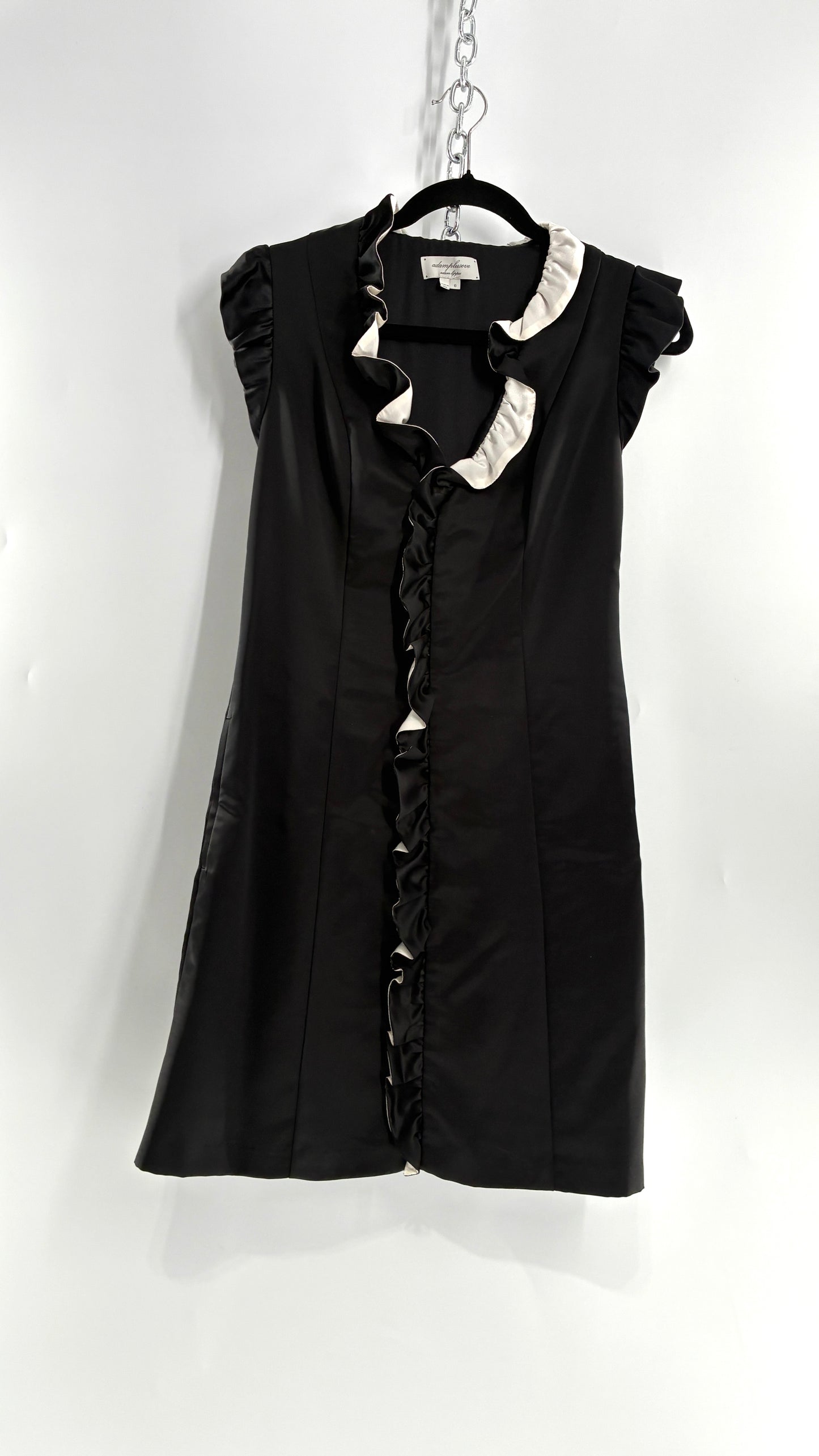 Vintage ADAM PLUS EVE Adam Lippes 58% Wool Black Paneled, Tailored Dress with White Ruffles (6)