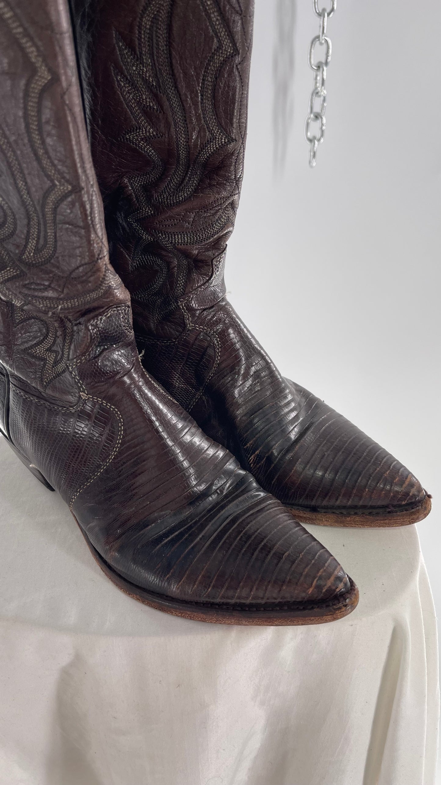 Vintage JUSTIN Dark Brown Leather/Lizard Pointed Toe Cowboy Boots Worn In (7.5)