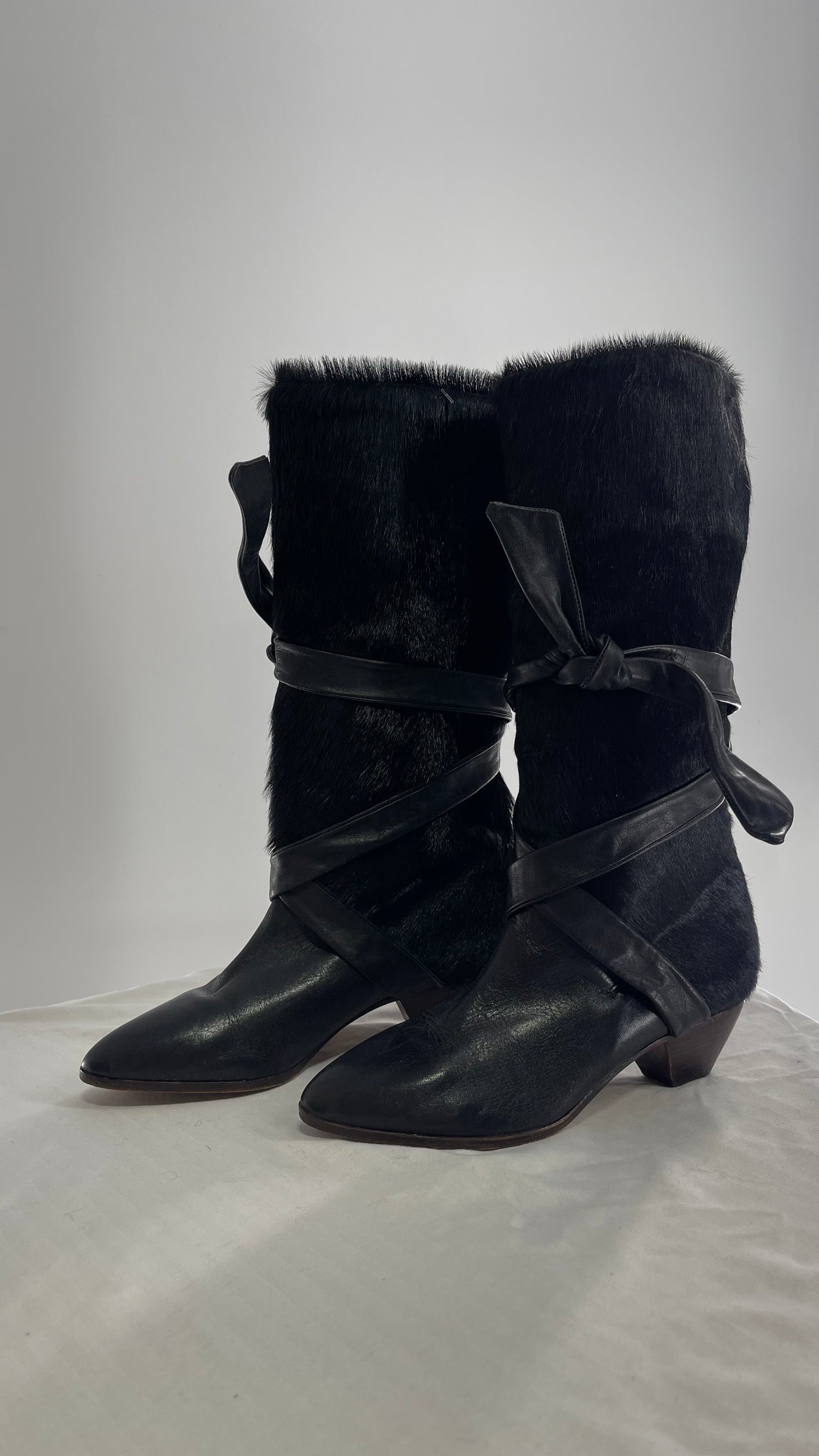 Vintage Nickels Black Italian Fur Boot with Leather Straps (7)