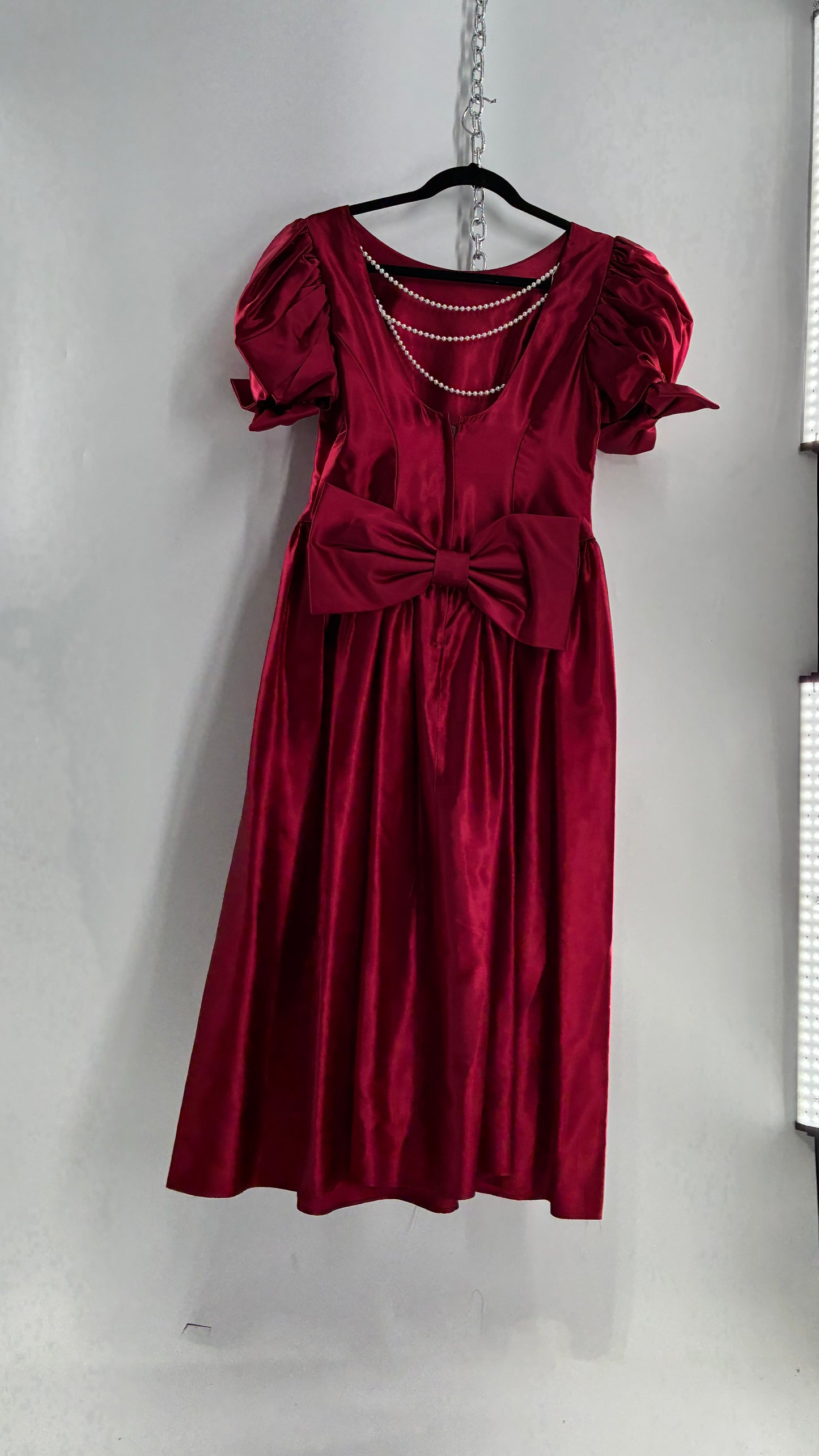Vintage Red Silky Satin Corset Style Dress with Sweetheart Neckline, Puff Sleeves, Oversized Bow Bum, Open Back and Draping Pearls (10P)
