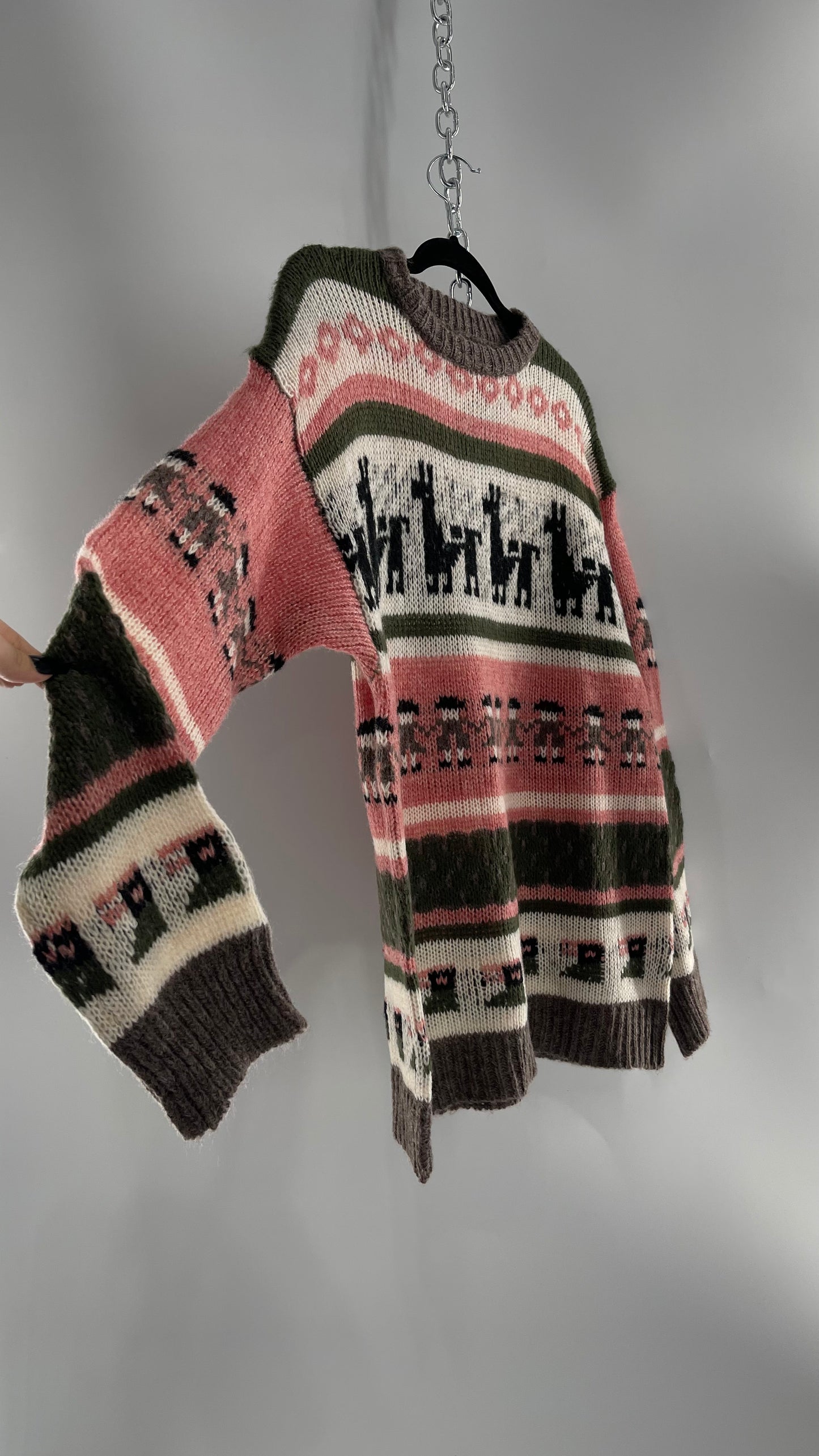 Cooke Collective Knit Llama/Alpaca Graphic Sweater with Army Green, Pink and White Colorway (Medium)