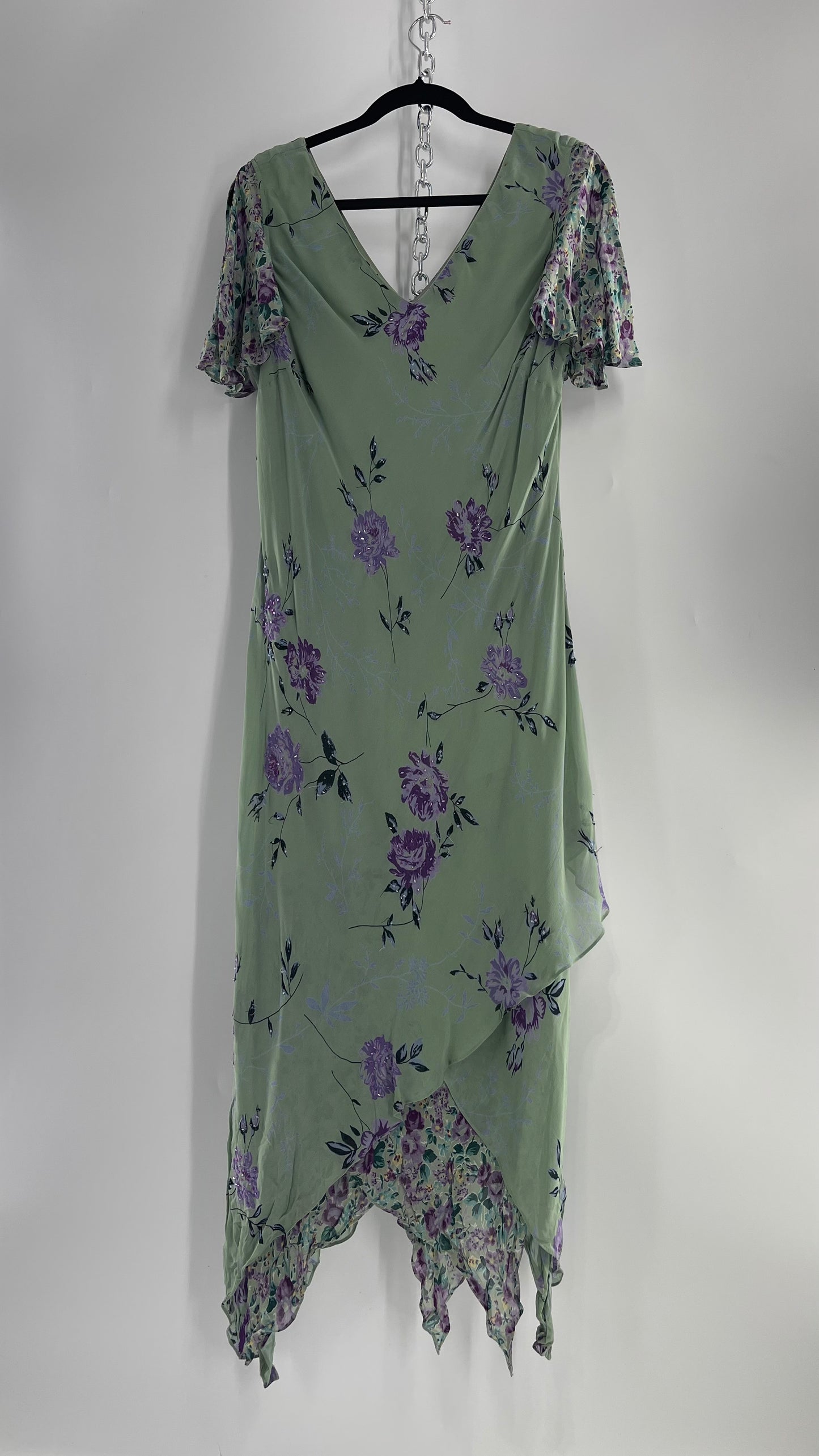Vintage 1990s EVA BLUE Sage Green Dress with Purple Beaded Florals and Handkerchief Hem(16)
