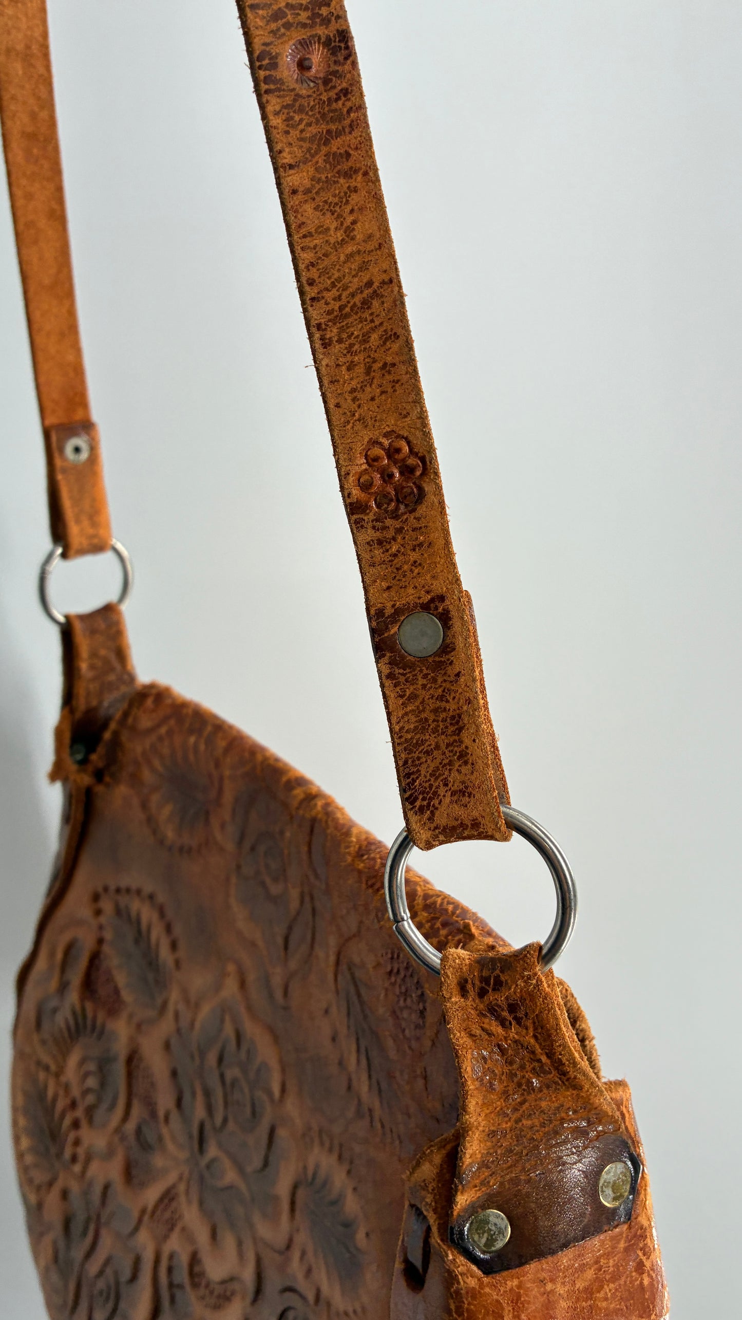 Vintage Made in Mexico Rose Embossed Leather Satchel Bag with Debbie Signature