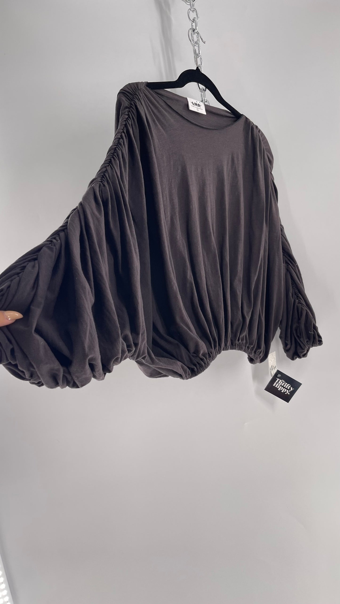 LNA California Made Free People Distopian Dark Grey Drape, Slouchy Ruched Long Sleeve with Tags Attached (Small)