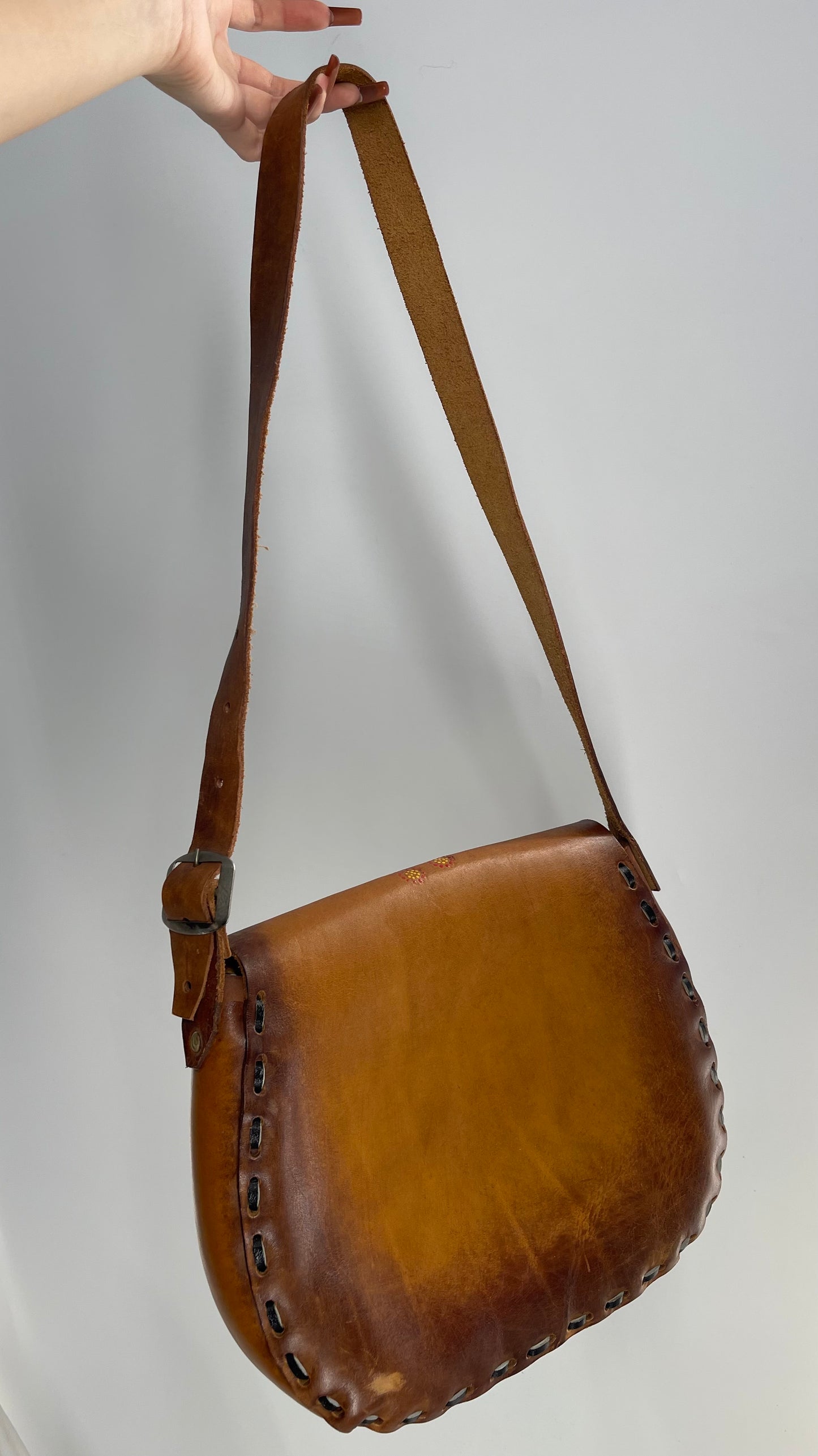 Vintage 1970s Mexico Leather Saddle Bag with Engravings, Stitching and Turnstile Closure