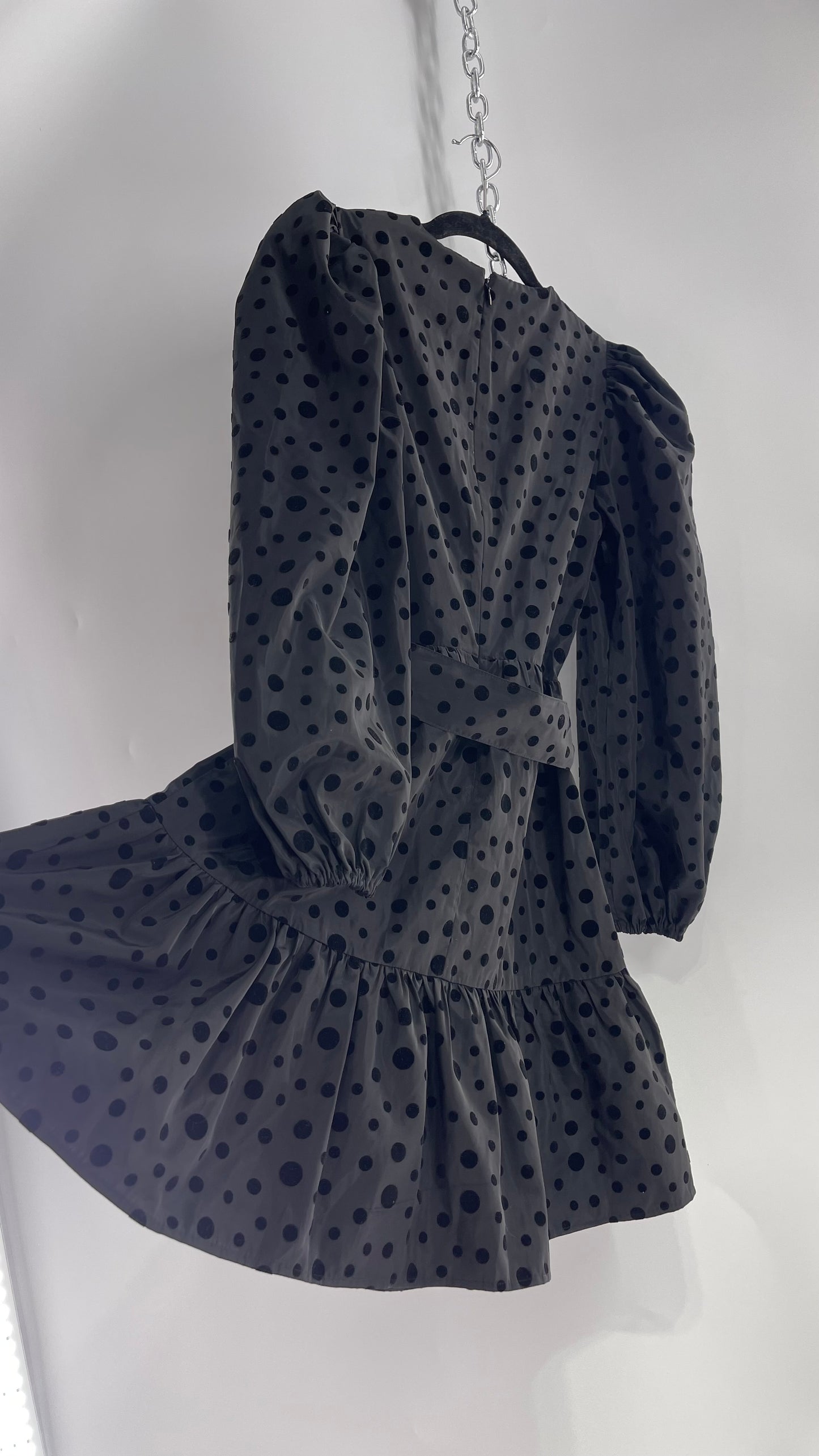 Express Black Taffeta Flare Out Dress with Balloon Sleeves, Velvet Polka Dot Pattern and Round Velour Belt Buckle (XS)