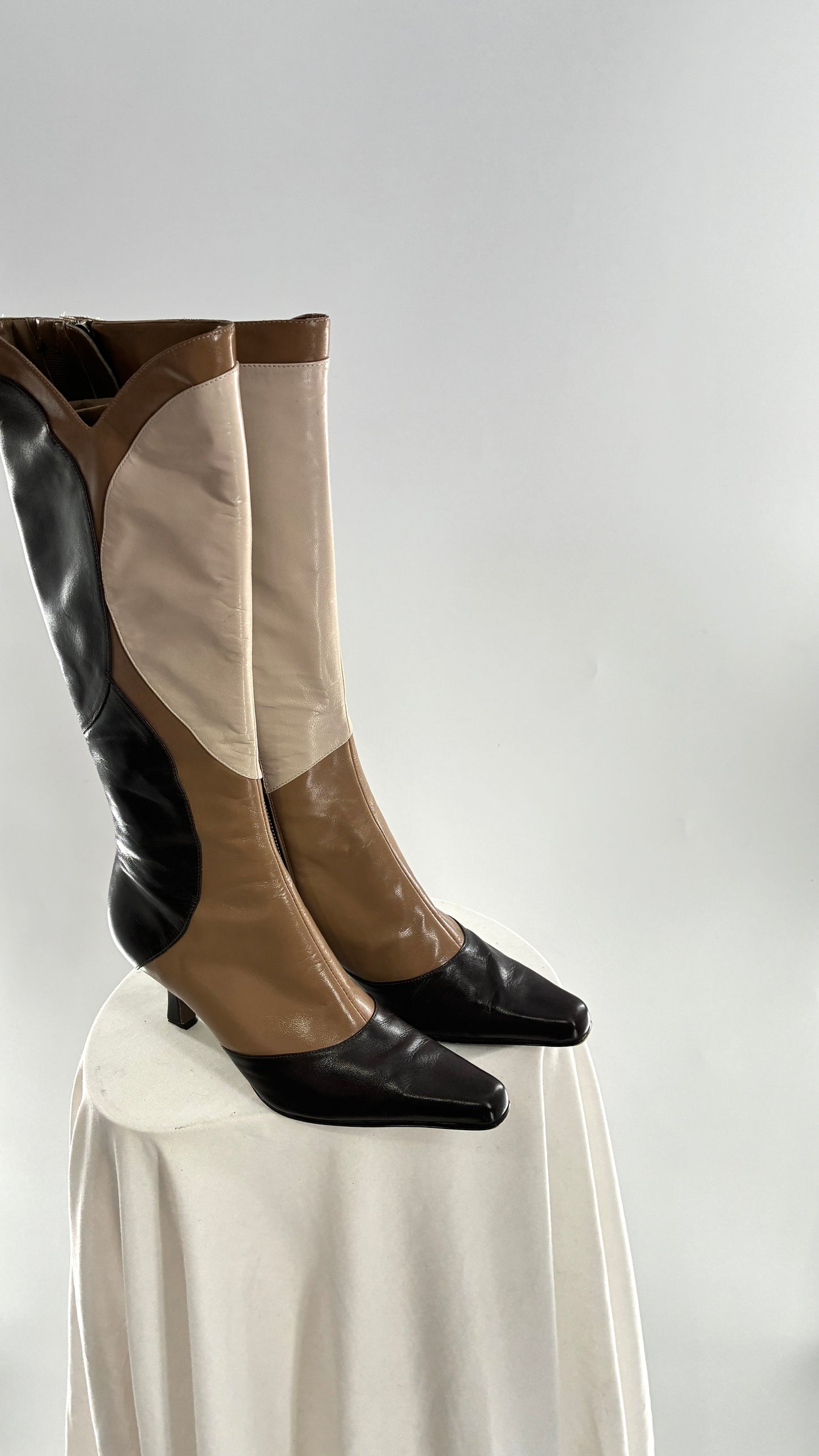 Vintage ANN MARINO Knee High Pointed Toe Abstract Patchwork Boots (6.5)