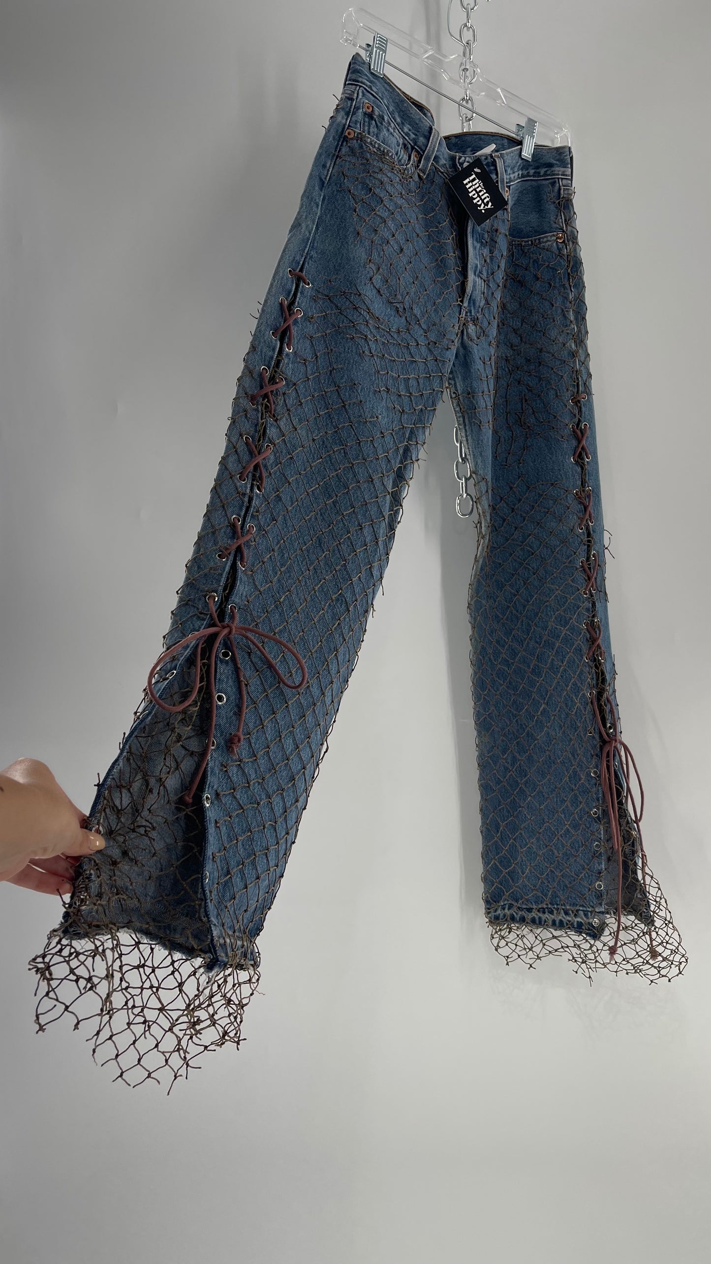 Custom - Fishnet Levi’s with Grommets and Lace Up Sides (Waist 29 Length 30) Fits Like a 26*