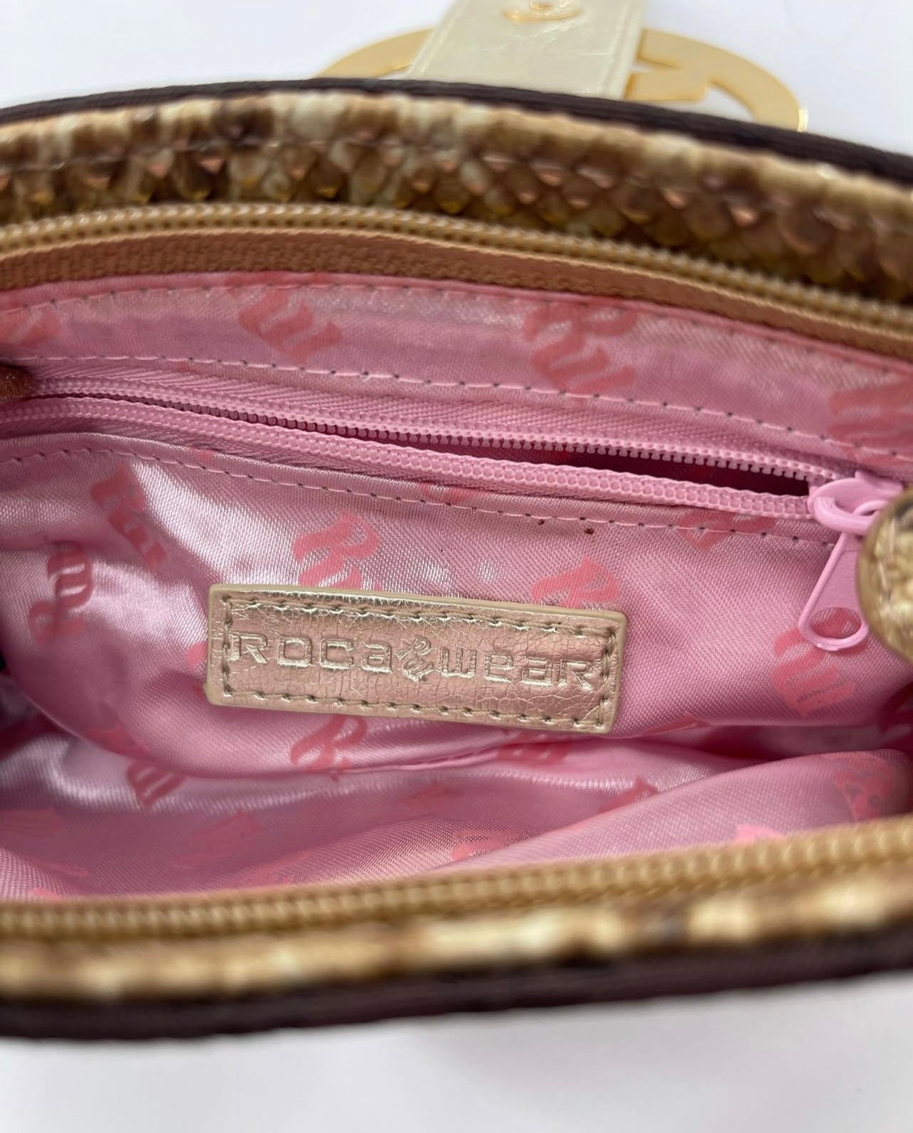 Vintage RocaWear Clutch Pouch with Monogram Brown Fabric, Large Branded Gold Hardware Closure and Snake Textured Details