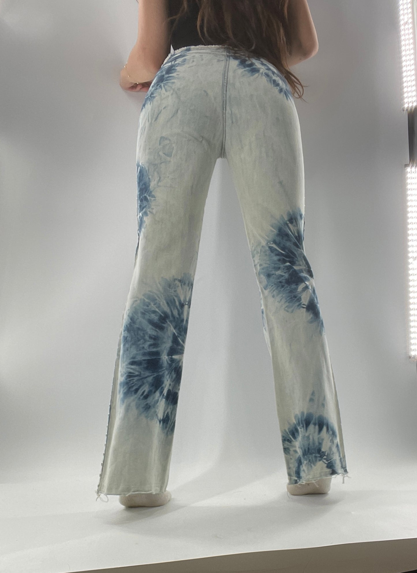 Vintage 1990s DKNY Light Bleached Jeans with Tie Dye Denim Pattern, Raw Edge Low Rise, and Studded Sides (5)