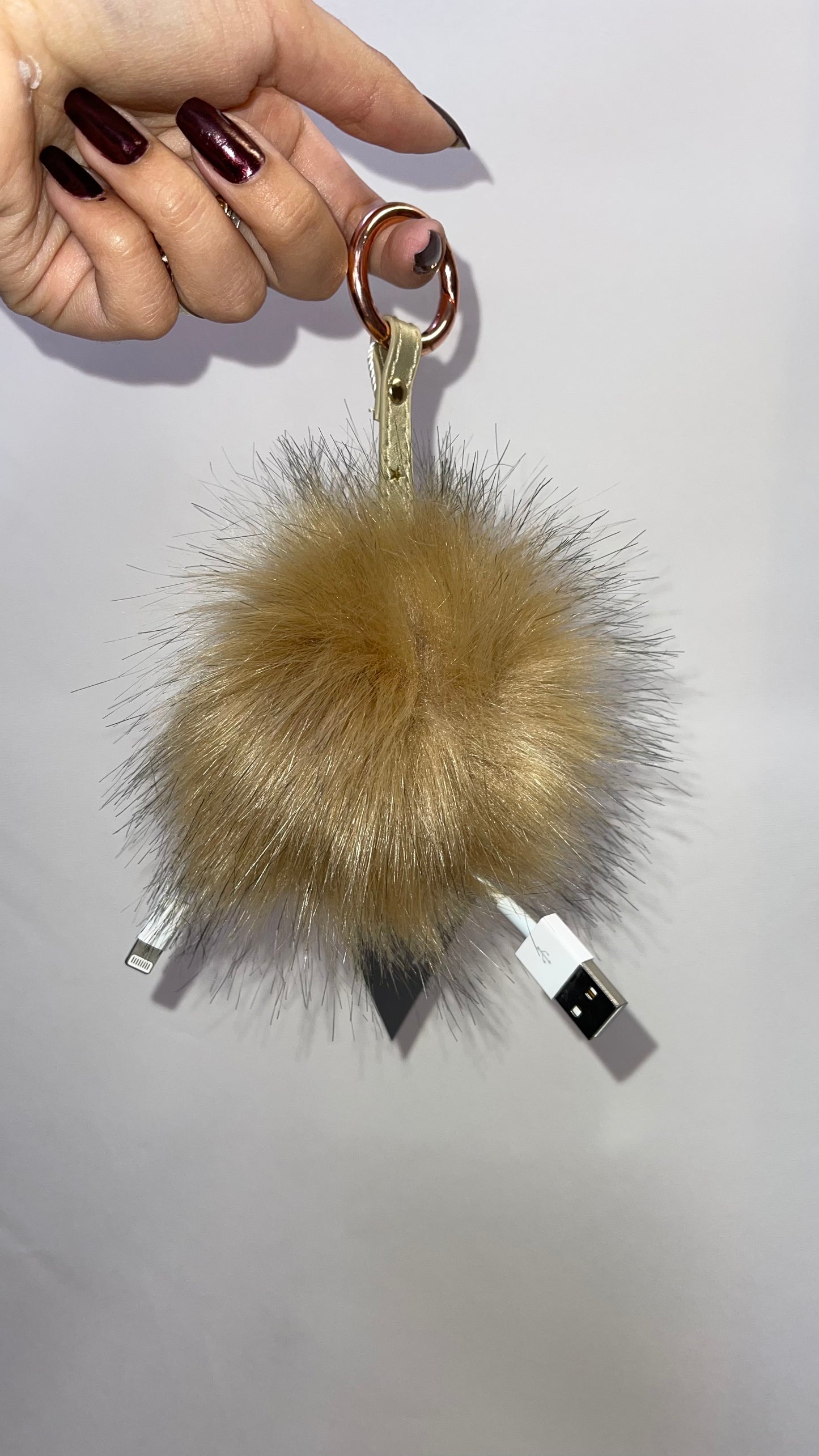 Free People Tan Fur Pom Pom Keychain with Charging Port