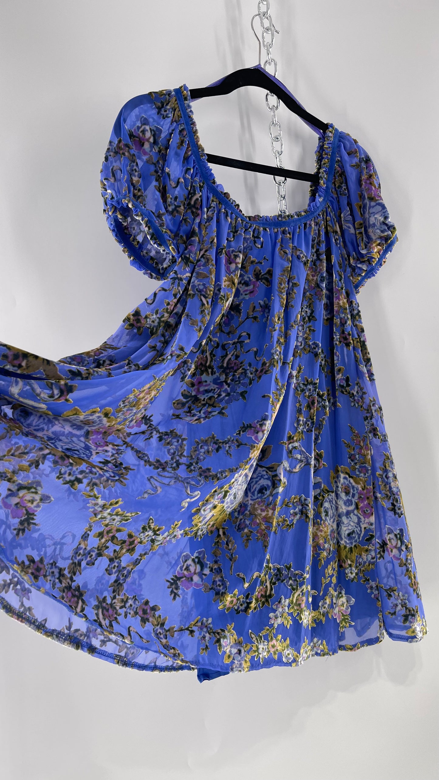 Free People Royal Blue Velvet Floral Babydoll Dress (Small)