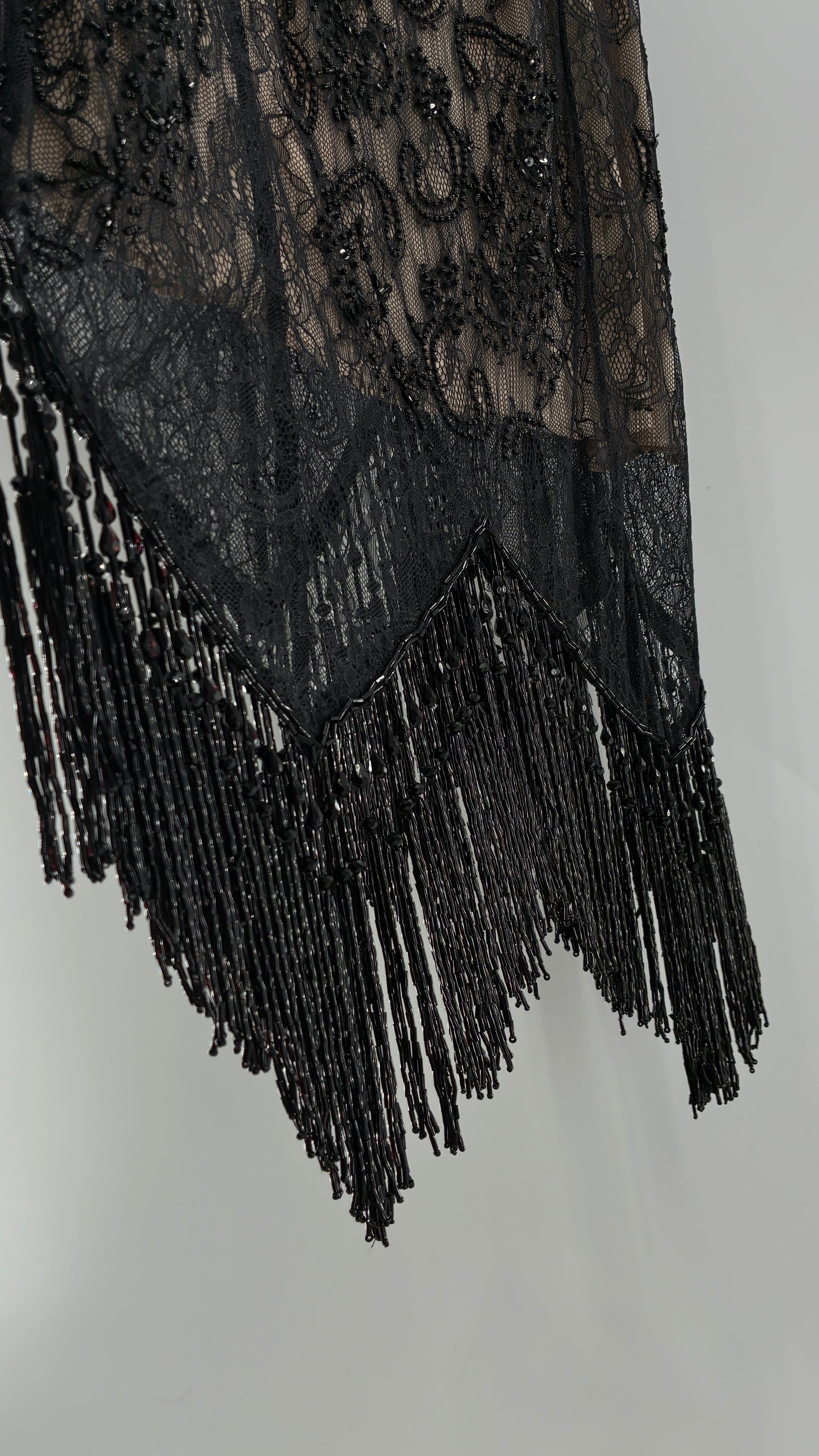 Vintage Haute Hippie Black Lace Nude Underlay Dress with Pointed Heavily Beaded Fringe Hem (2)