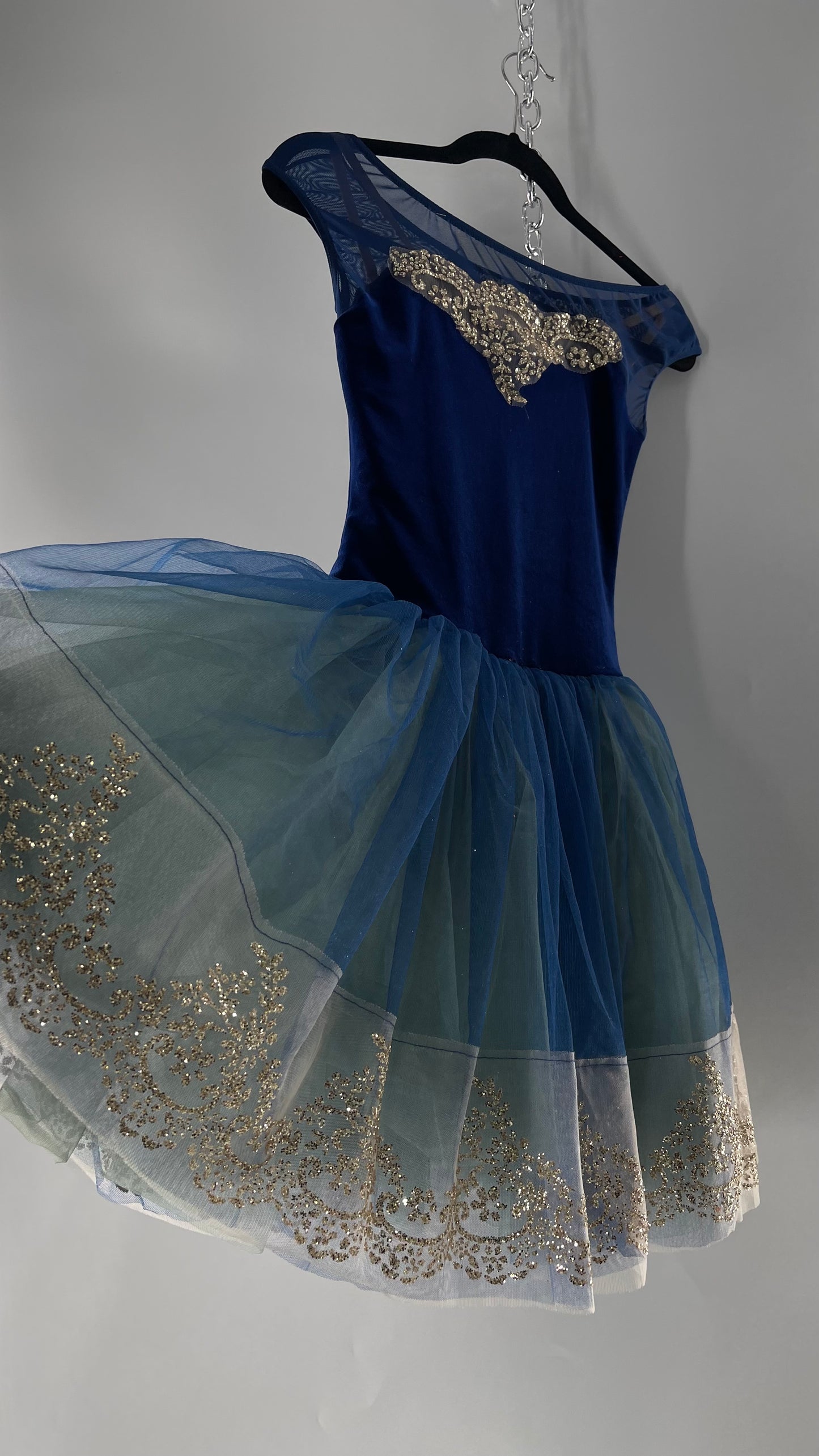 Midnight Muse Navy and Teal Mesh Tutu Skirt with Gold Glitter Hem Detailing (Medium)