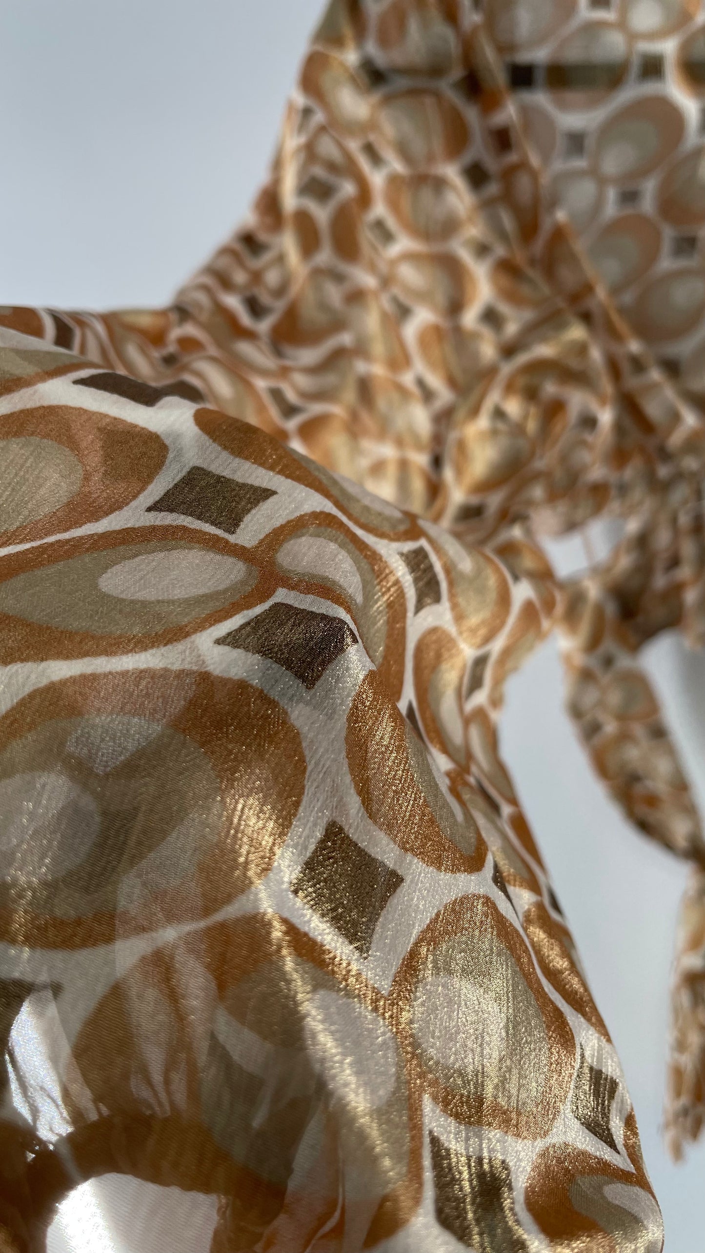Urban Outfitters Shimmer Top Balloon Sleeve Gold Retro Print Cut Out Tie Around Blouse (Medium)
