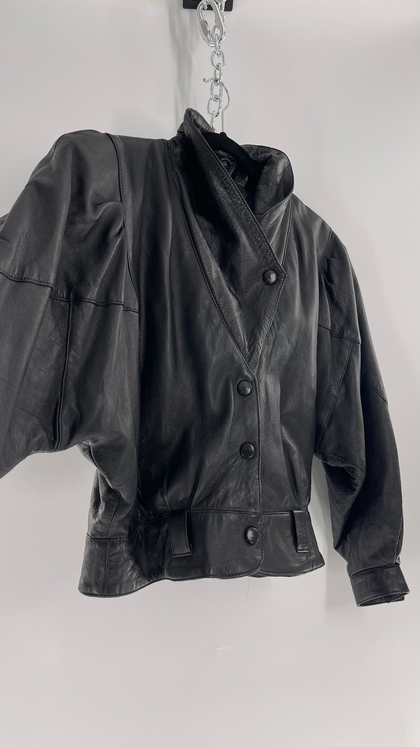 Vintage Black Leather Cropped Motorcycle Jacket (Medium)
