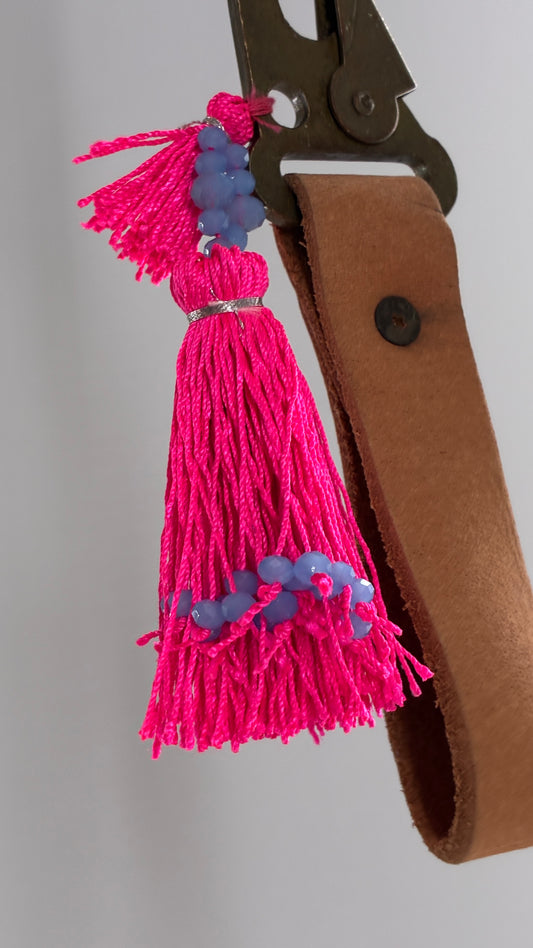 Free People Leather Wristlet Keychain with Neon Pink Beaded Tassel